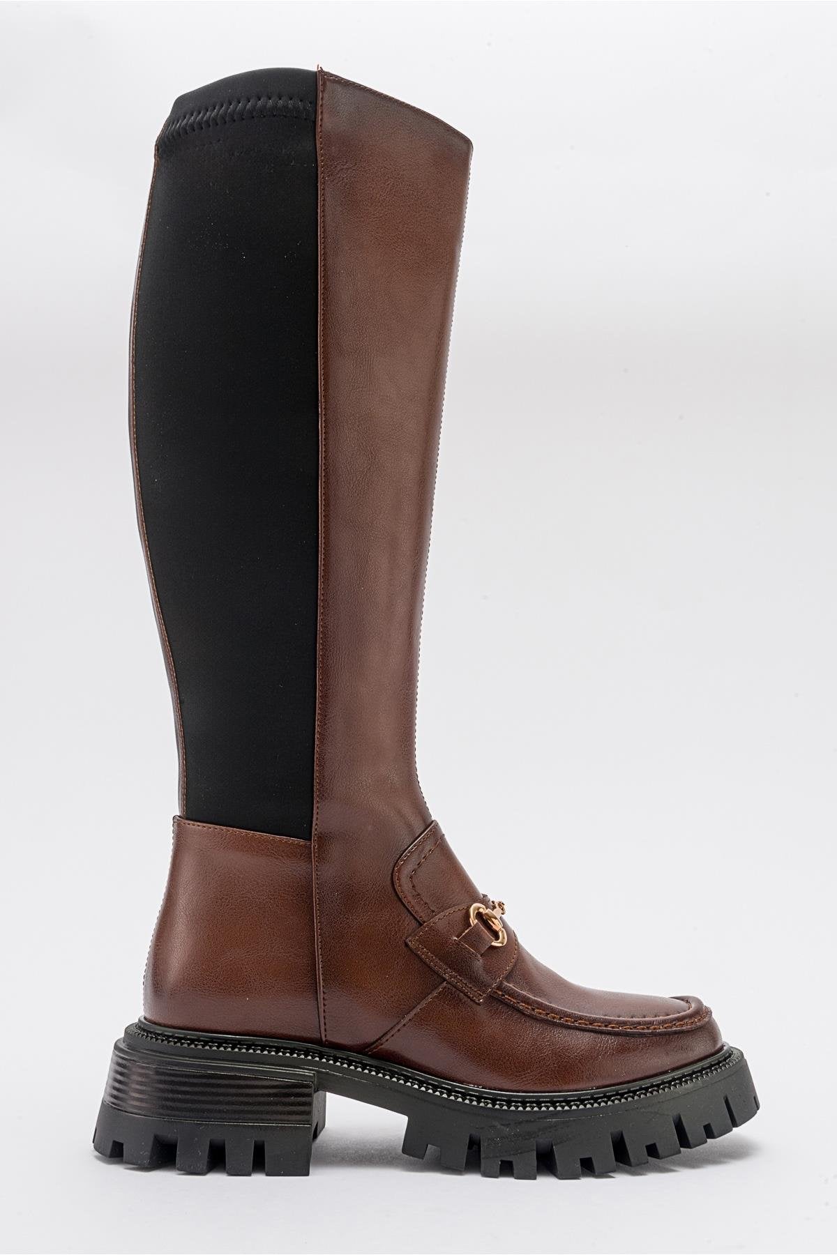 Chapel - Cognac Buckle Stretch Boot – top view showing leather, Vowalisse