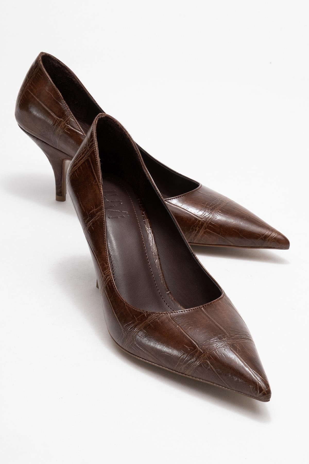 Marcus - Tan Printed Heeled Pump – front three-quarter view showing leather, red, Vowalisse