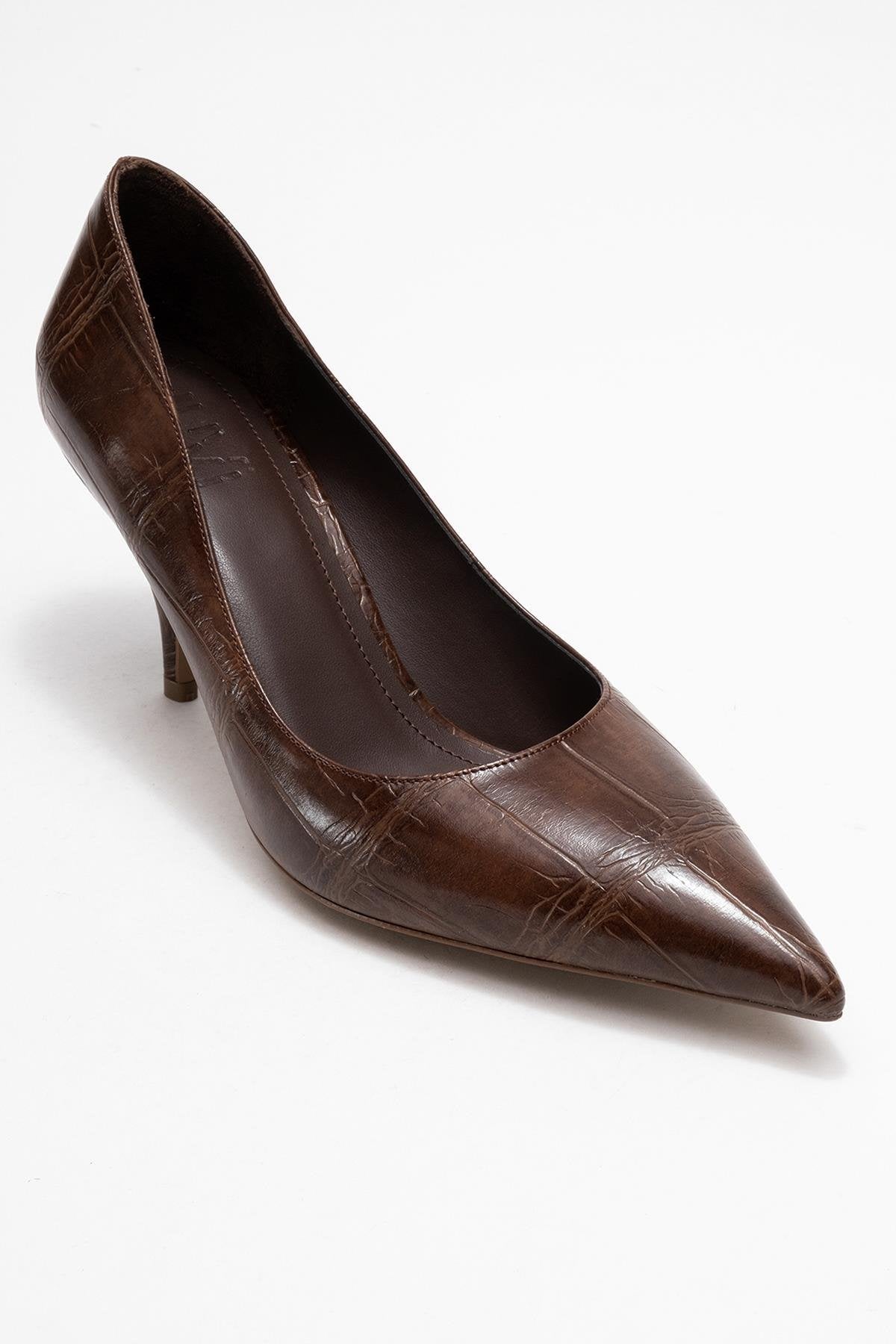 Marcus - Tan Printed Heeled Pump – detail view showing leather, red, Vowalisse