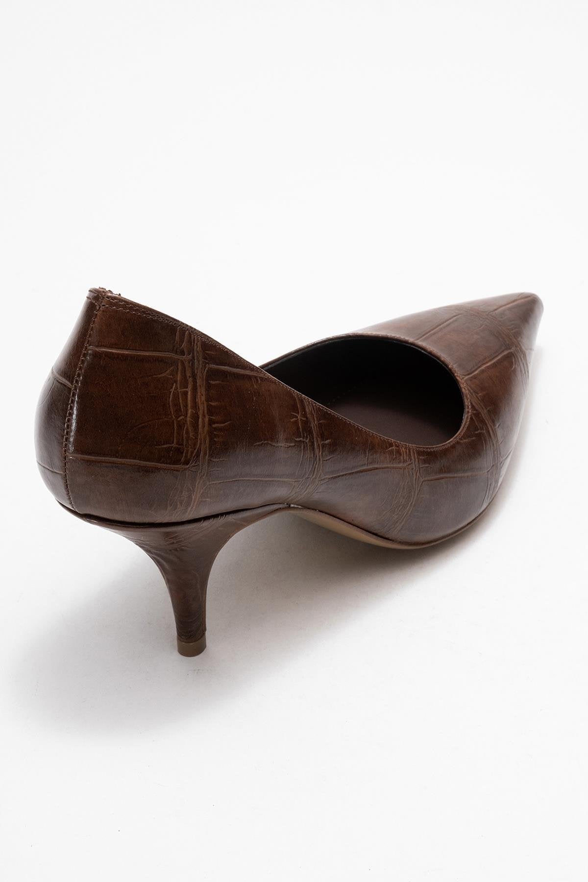 Marcus - Tan Printed Heeled Pump – back view showing leather, red, Vowalisse