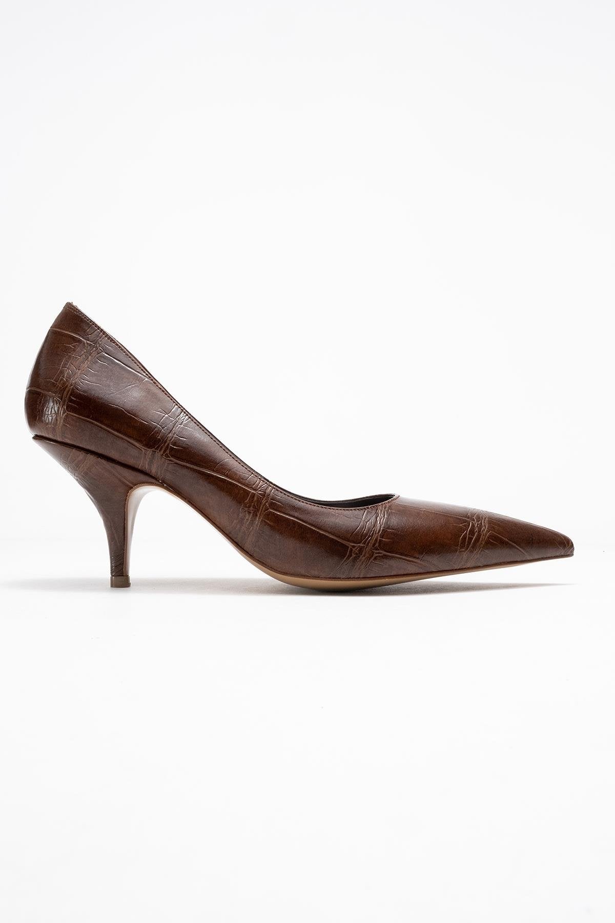 Marcus - Tan Printed Heeled Pump – top view showing leather, red, Vowalisse