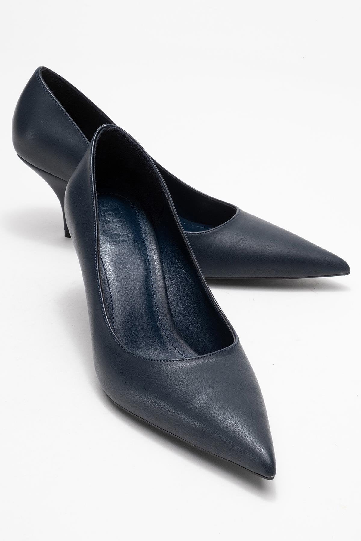Marcus - Navy Heeled Pump – front three-quarter view showing leather, Vowalisse