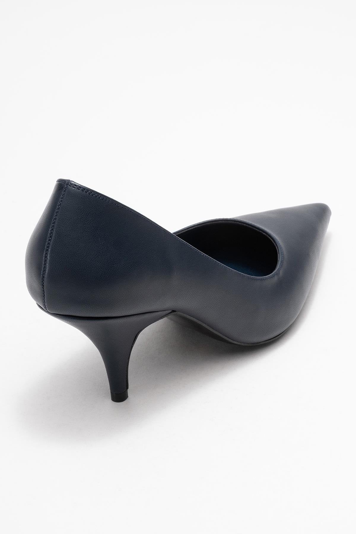 Marcus - Navy Heeled Pump – back view showing leather, Vowalisse