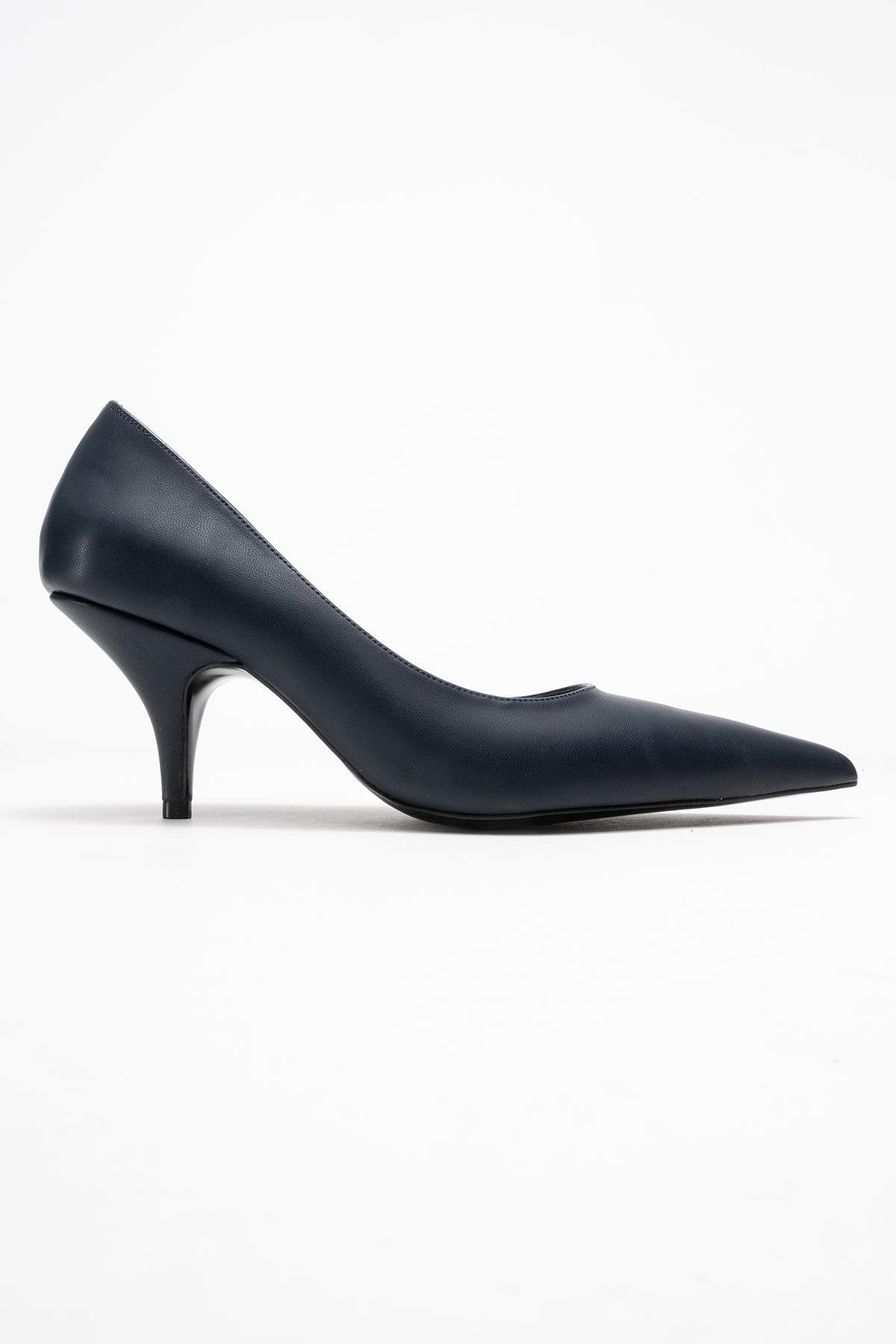 Marcus - Navy Heeled Pump – top view showing leather, Vowalisse