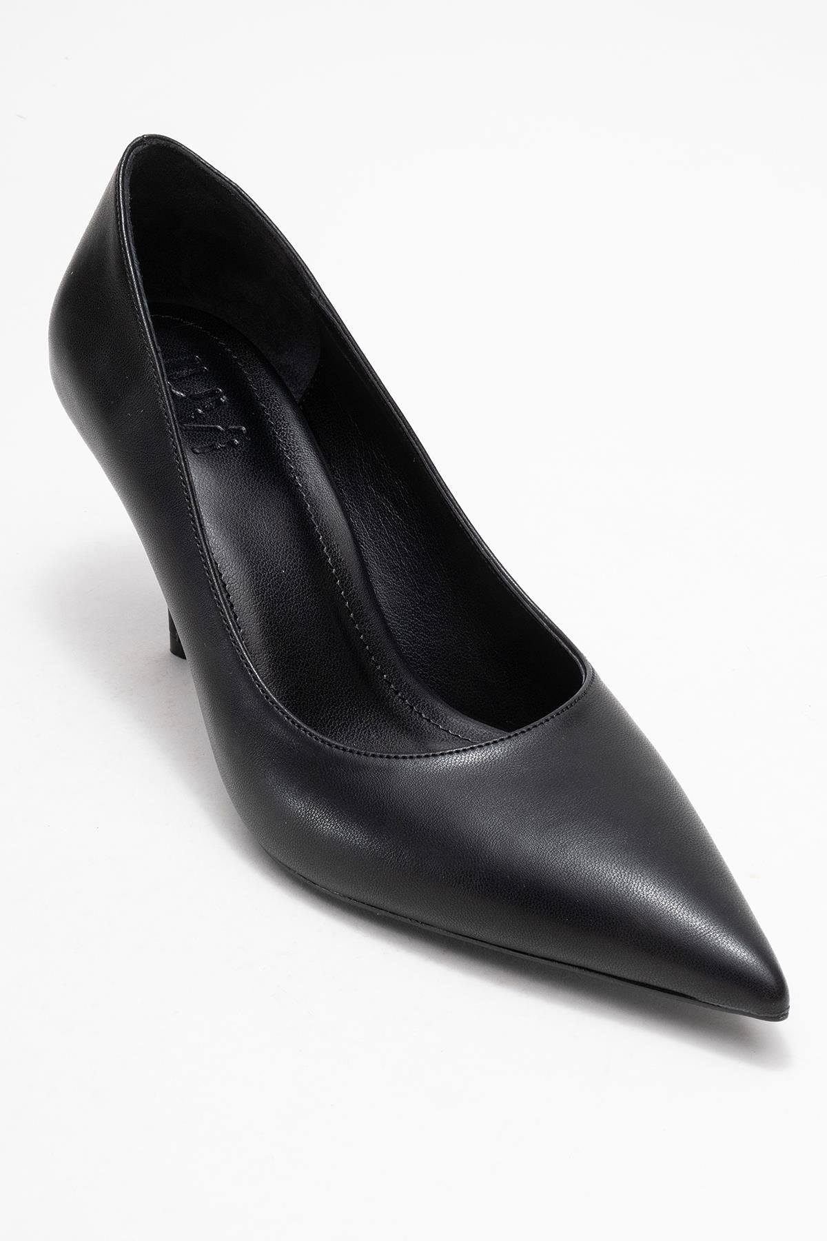 Marcus - Black Heeled Pump – detail view showing leather, black, Vowalisse