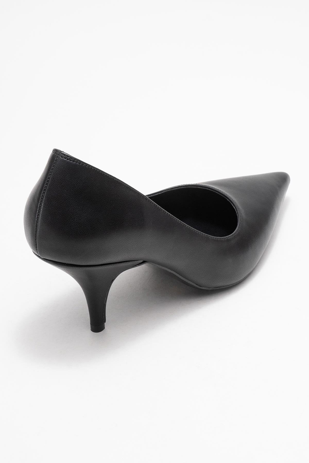 Marcus - Black Heeled Pump – back view showing leather, black, Vowalisse