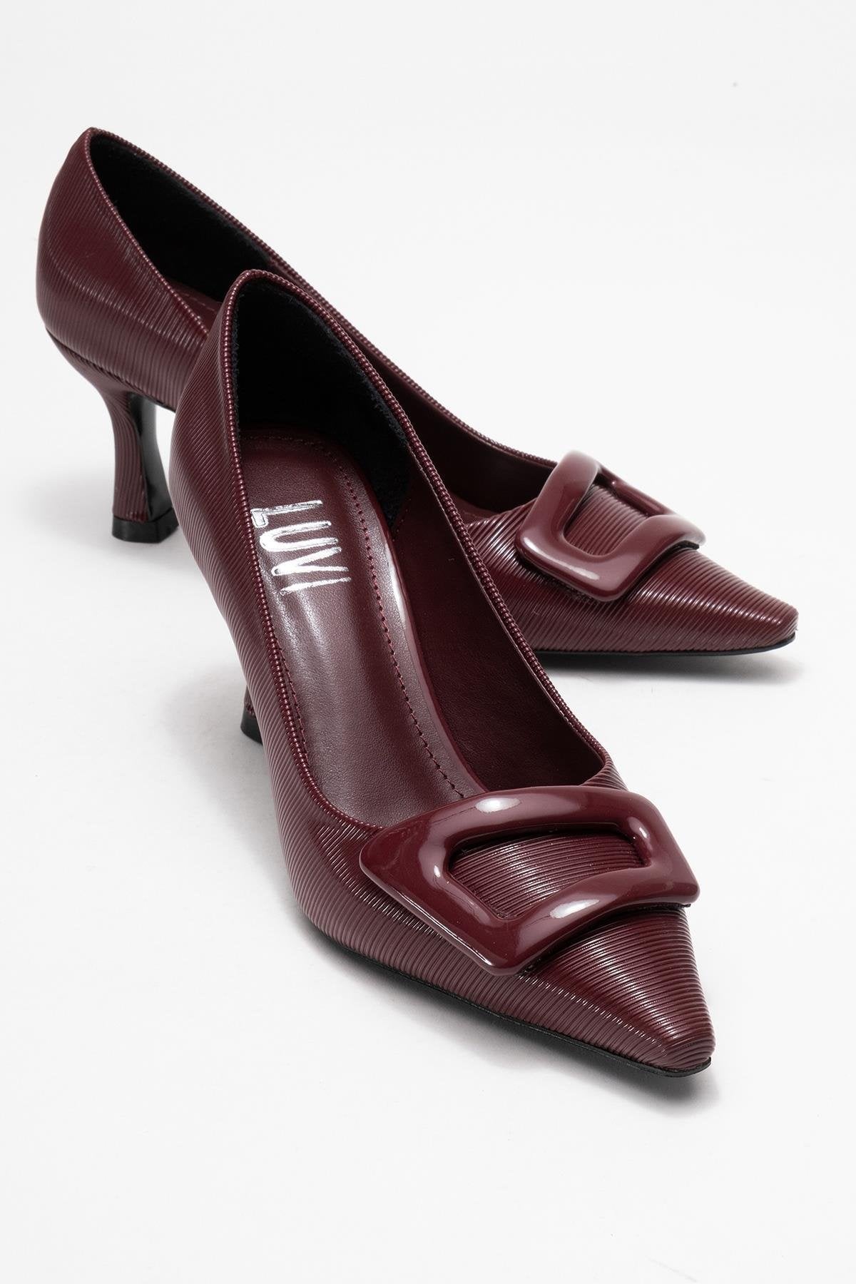 Astra - Burgundy Striped Buckle Heeled Pump – front three-quarter view showing leather, Vowalisse