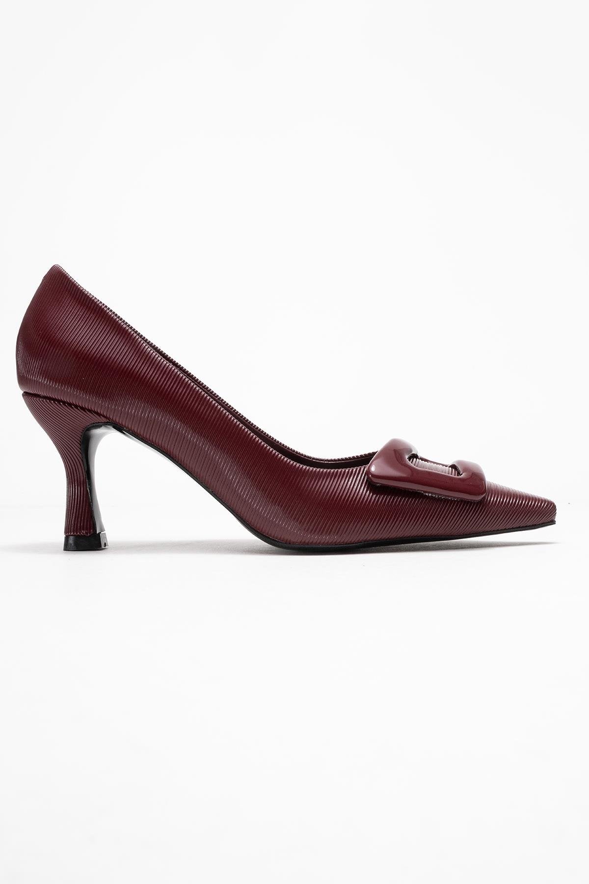 Astra - Burgundy Striped Buckle Heeled Pump – top view showing leather, Vowalisse