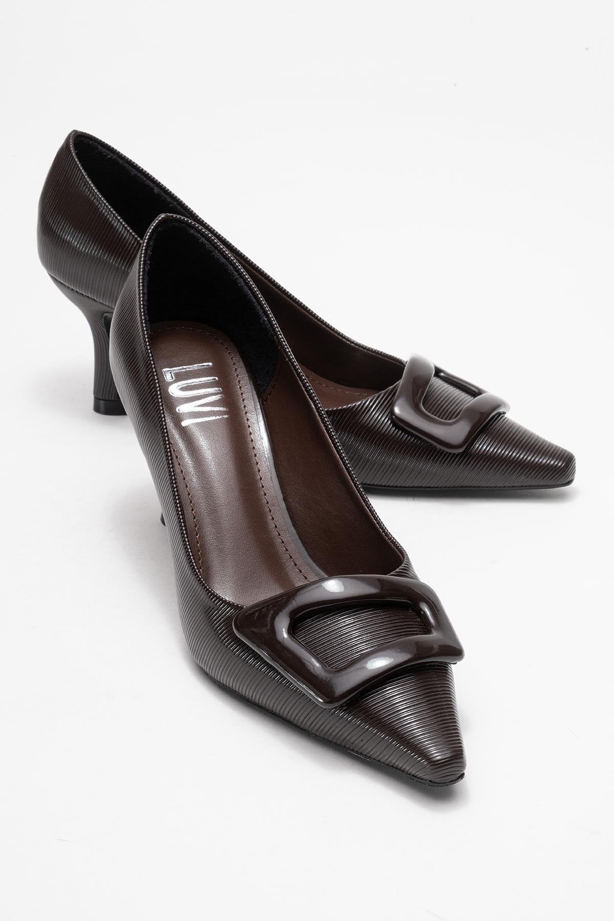 Astra - Brown Striped Buckle Heeled Pump – front three-quarter view showing leather, Vowalisse