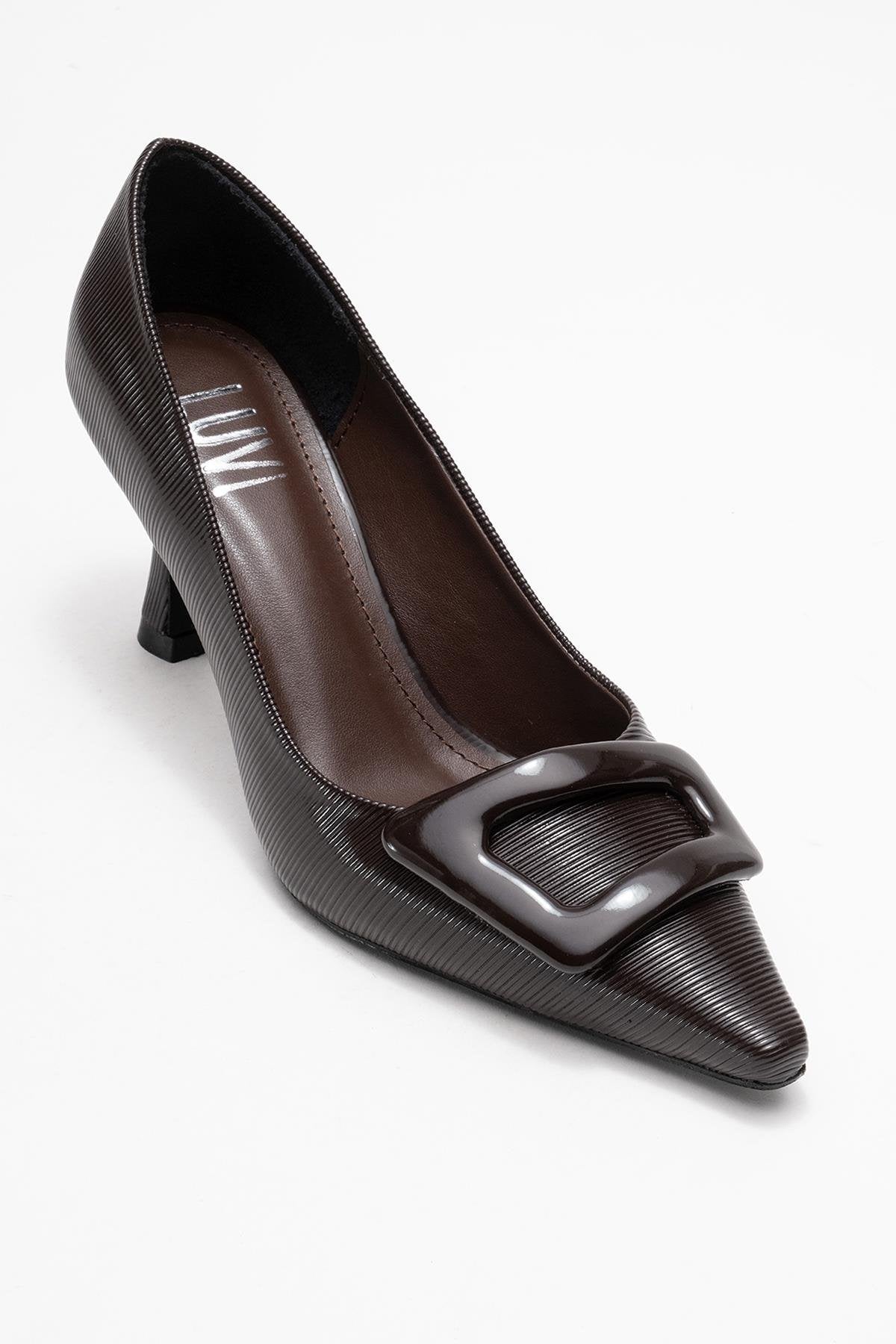 Astra - Brown Striped Buckle Heeled Pump – detail view showing leather, Vowalisse