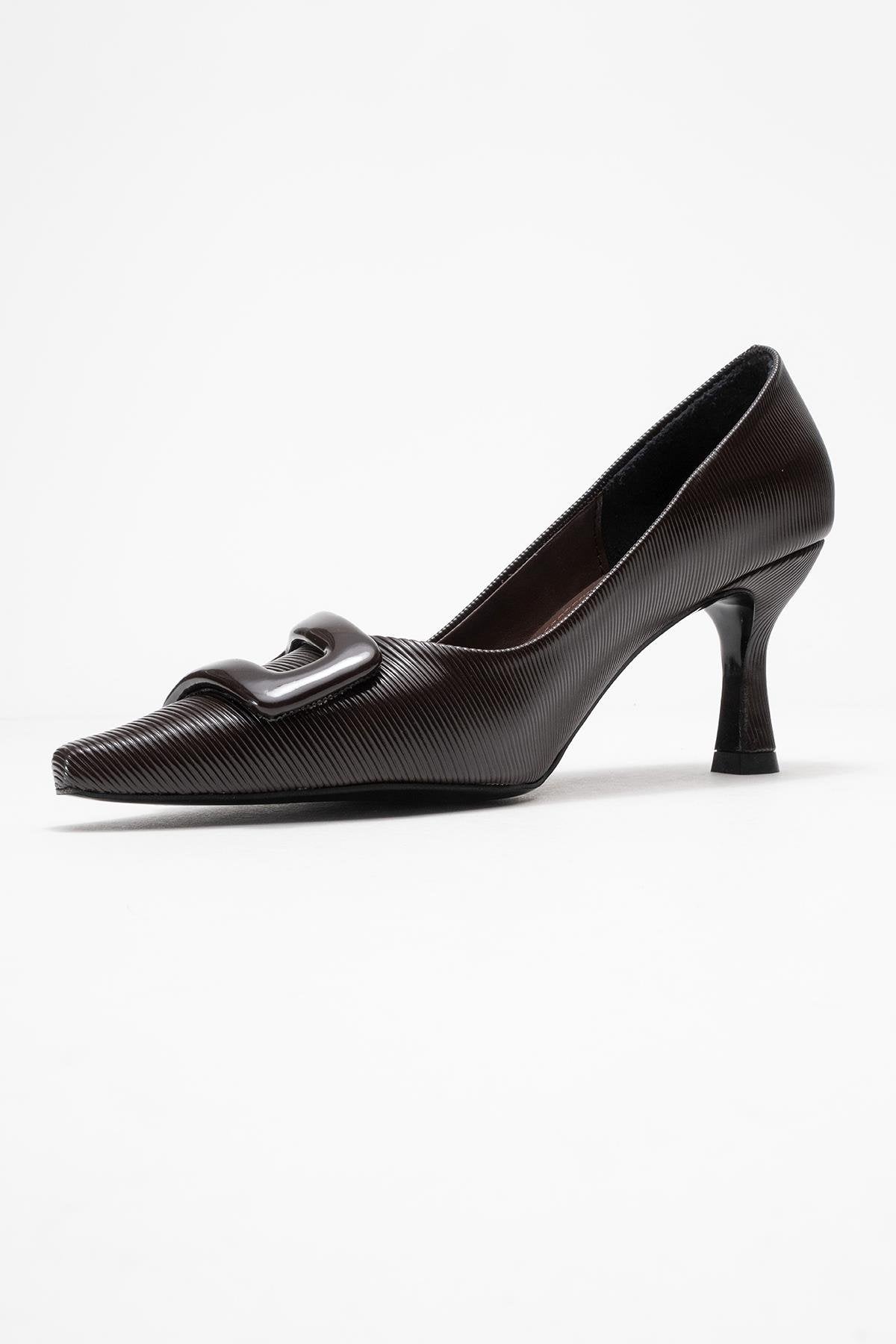 Astra - Brown Striped Buckle Heeled Pump – heel view showing leather, Vowalisse
