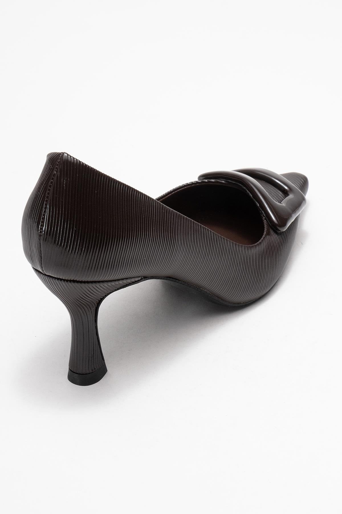 Astra - Brown Striped Buckle Heeled Pump – back view showing leather, Vowalisse
