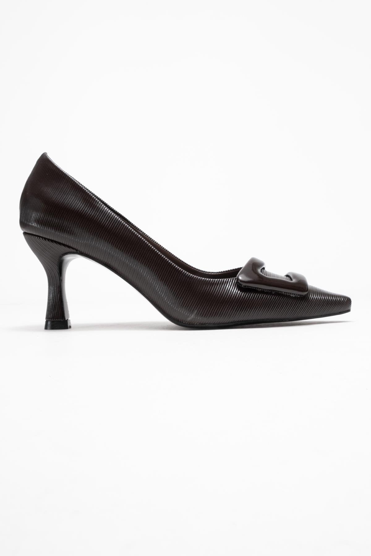 Astra - Brown Striped Buckle Heeled Pump – top view showing leather, Vowalisse