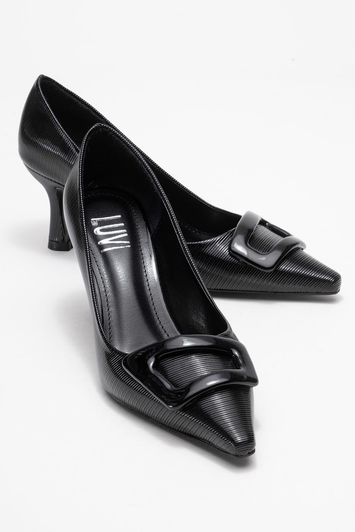 Astra - Black Striped Buckle Stiletto Heeled Shoe – front three-quarter view showing leather, black, Vowalisse