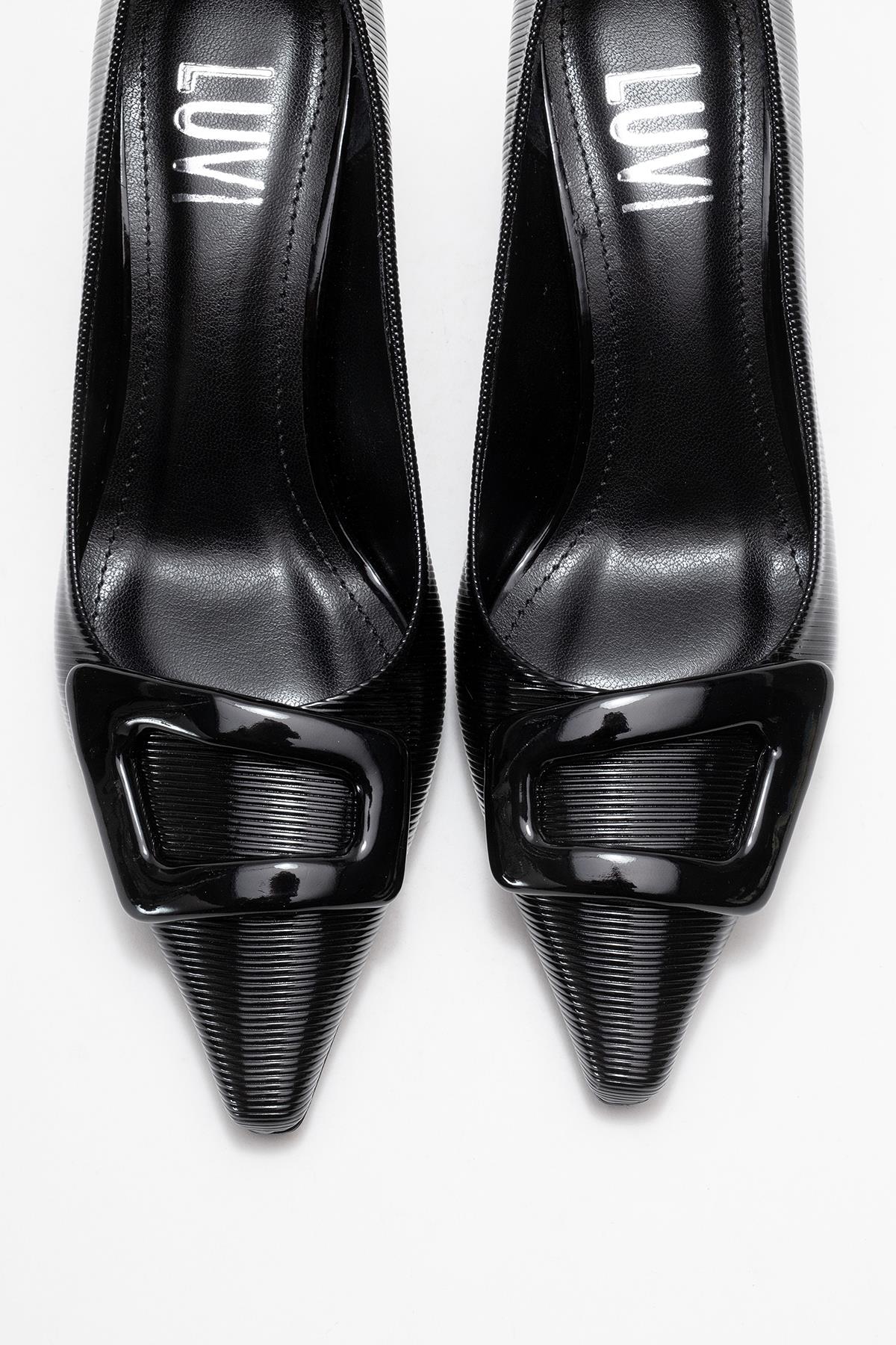 Astra - Black Striped Buckle Stiletto Heeled Shoe – side view showing leather, black, Vowalisse