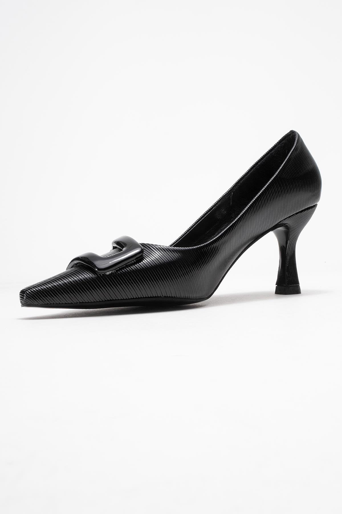 Astra - Black Striped Buckle Stiletto Heeled Shoe – heel view showing leather, black, Vowalisse