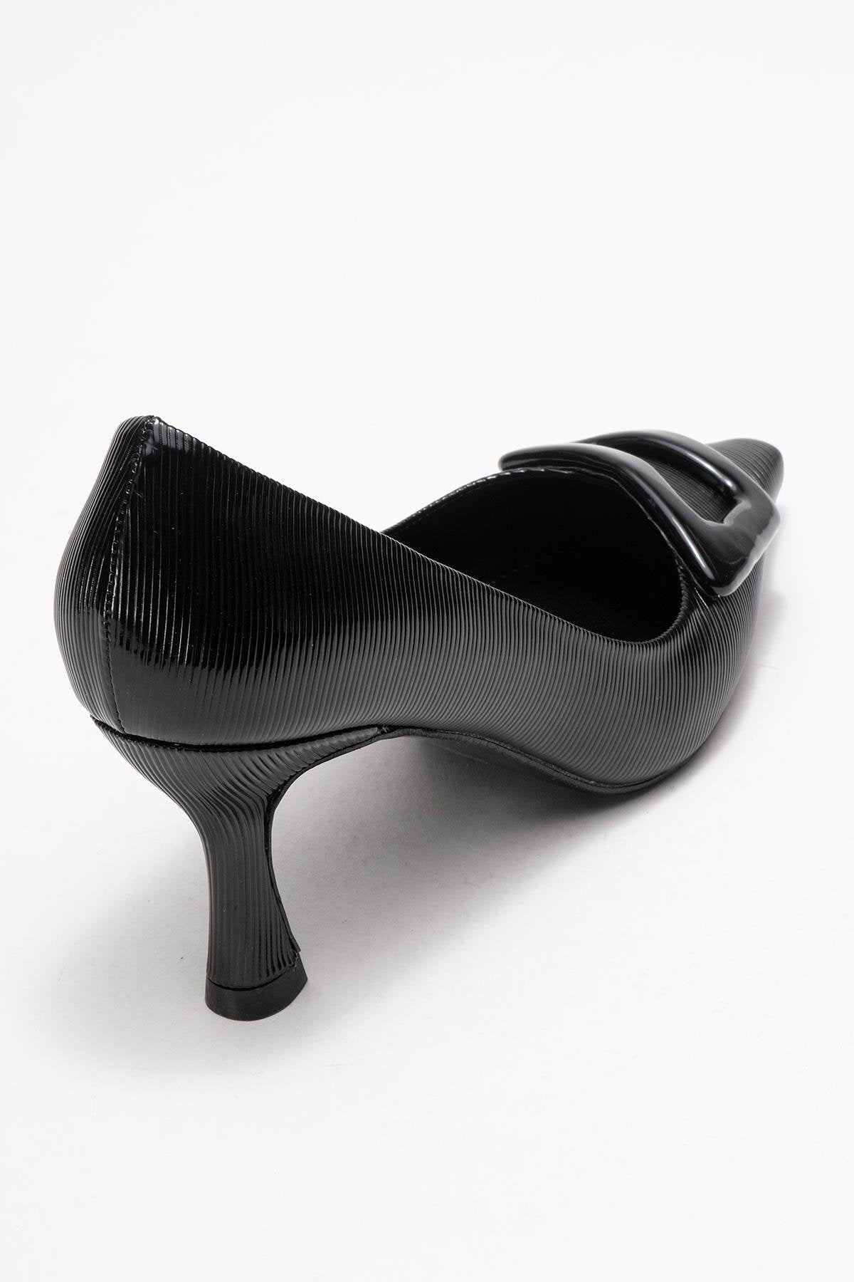 Astra - Black Striped Buckle Stiletto Heeled Shoe – back view showing leather, black, Vowalisse
