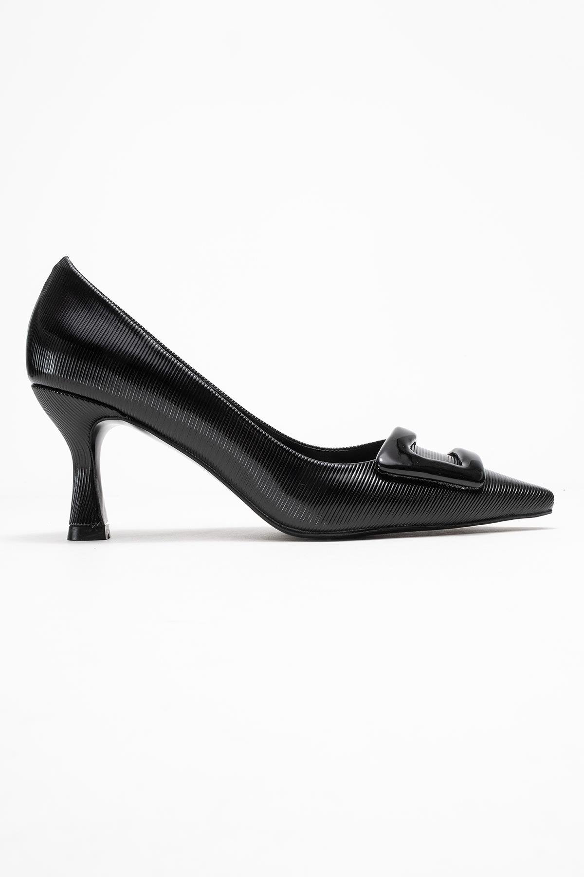 Astra - Black Striped Buckle Stiletto Heeled Shoe – top view showing leather, black, Vowalisse