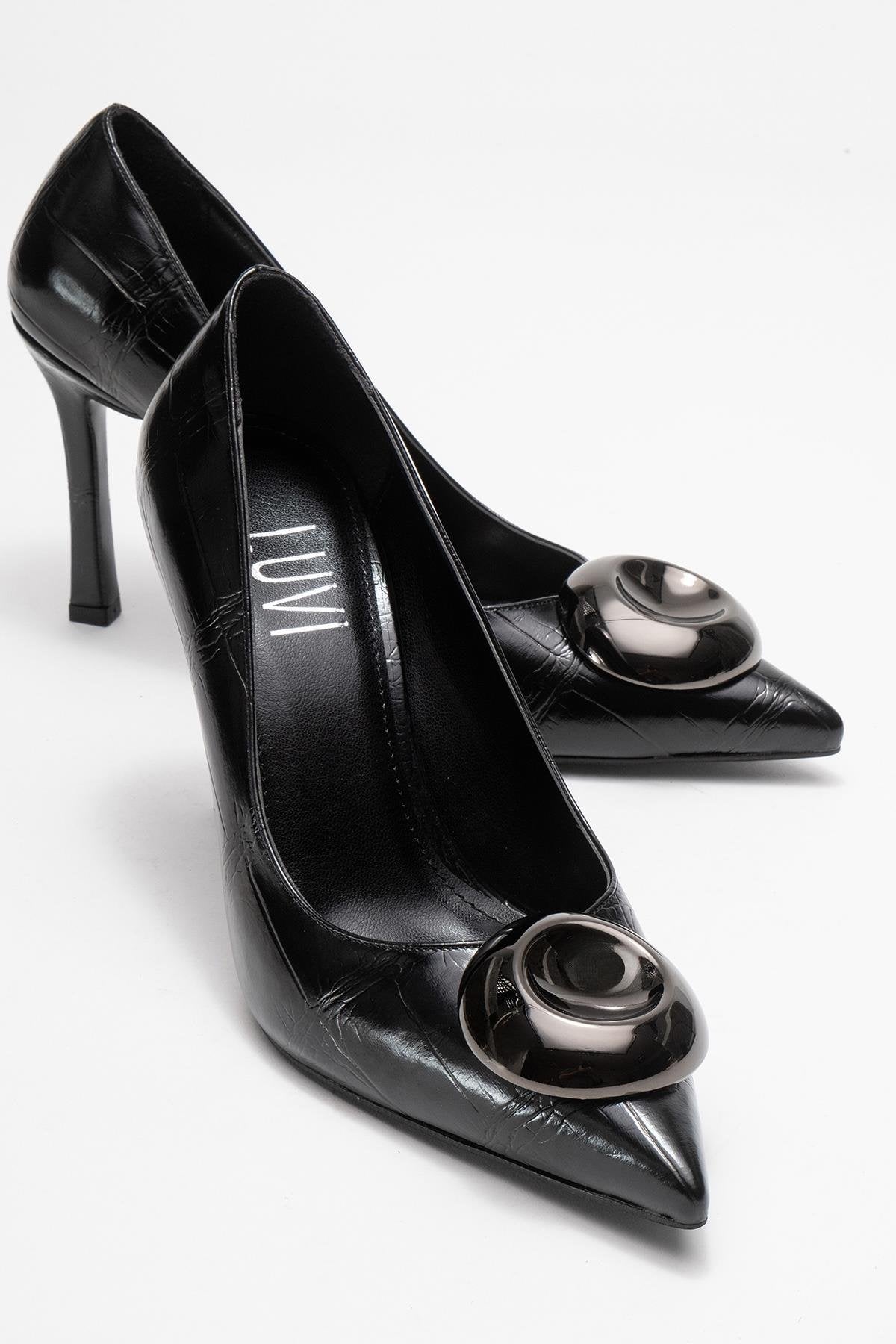 Jordana - Black Printed Platinum Buckle Stiletto Heeled Shoe – front three-quarter view showing leather, black, Vowalisse