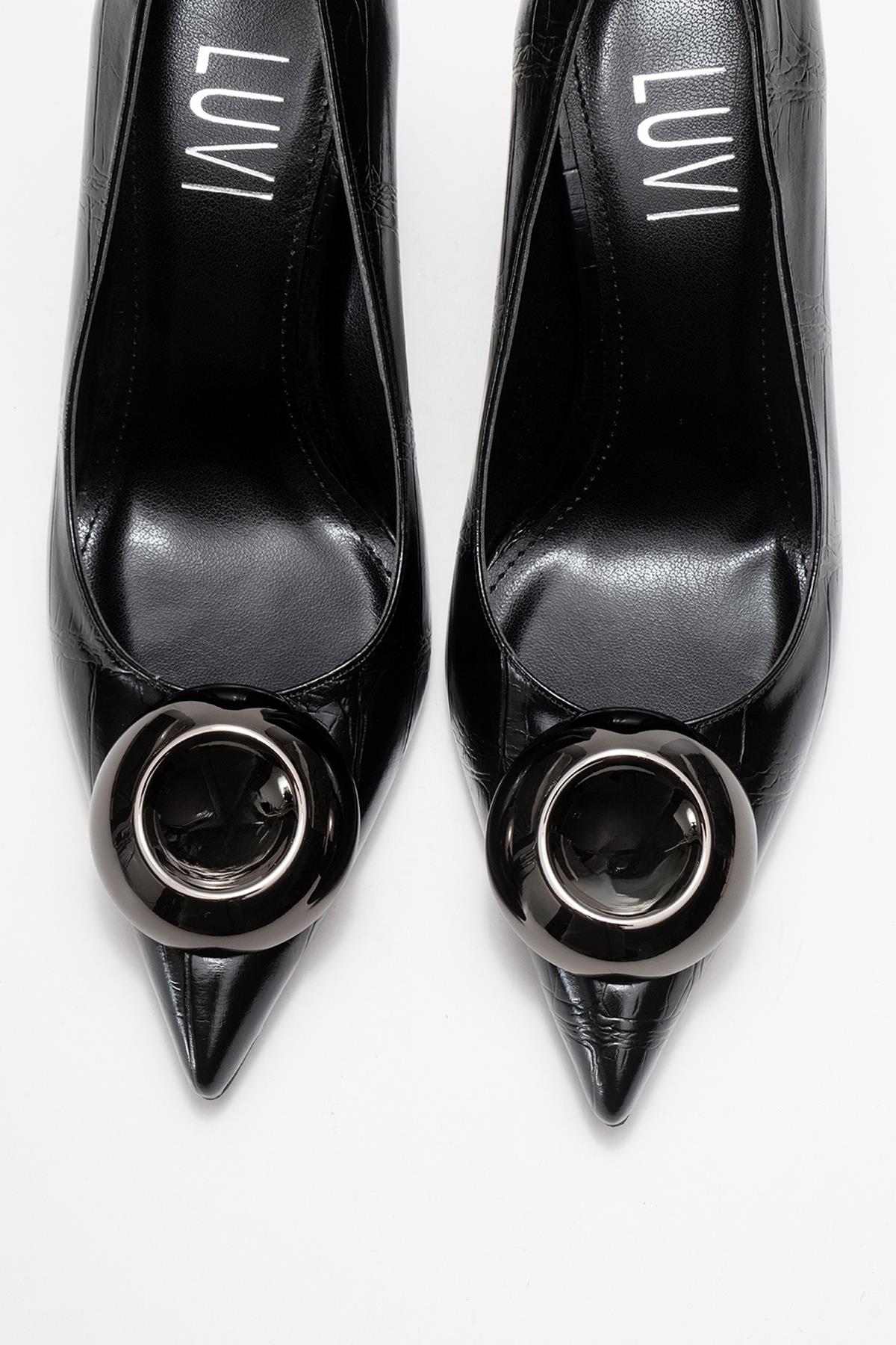 Jordana - Black Printed Platinum Buckle Stiletto Heeled Shoe – side view showing leather, black, Vowalisse