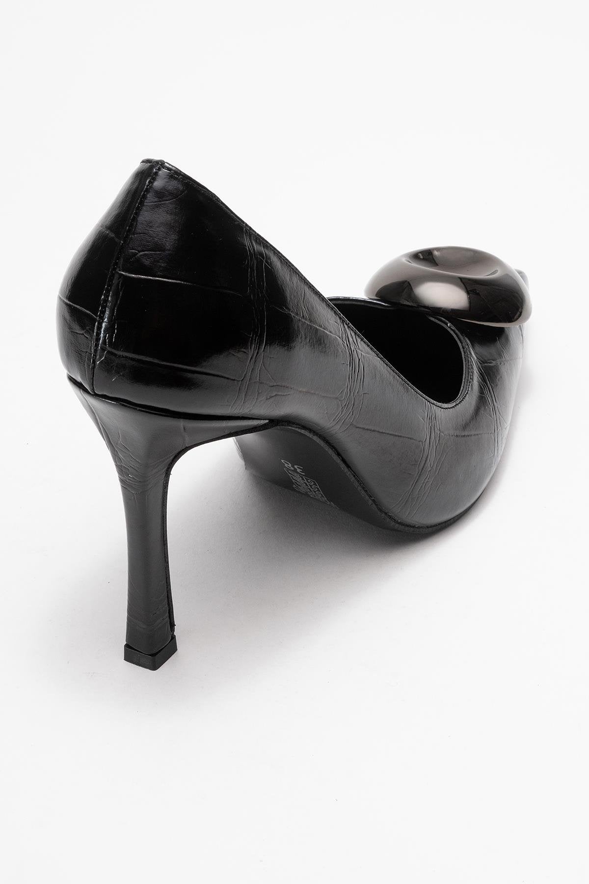 Jordana - Black Printed Platinum Buckle Stiletto Heeled Shoe – back view showing leather, black, Vowalisse
