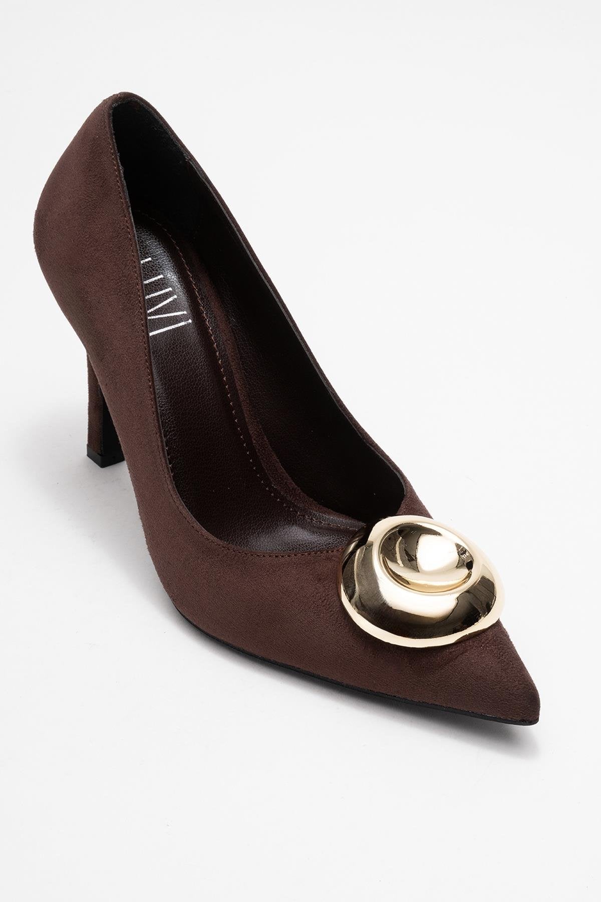 Jordana - Brown Suede Gold Buckle Stiletto Heeled Shoe – detail view showing leather, suede, metallic, Vowalisse