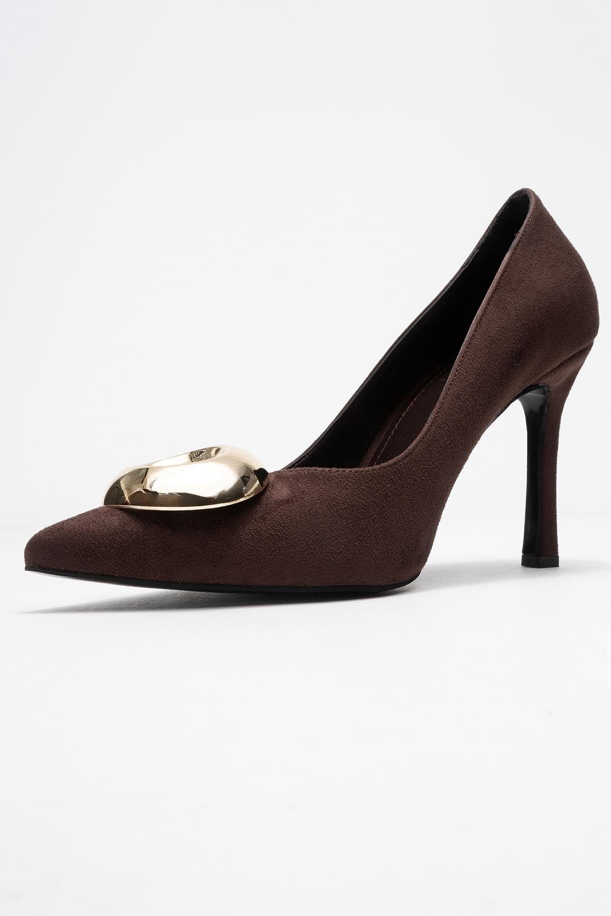 Jordana - Brown Suede Gold Buckle Stiletto Heeled Shoe – heel view showing leather, suede, metallic, Vowalisse