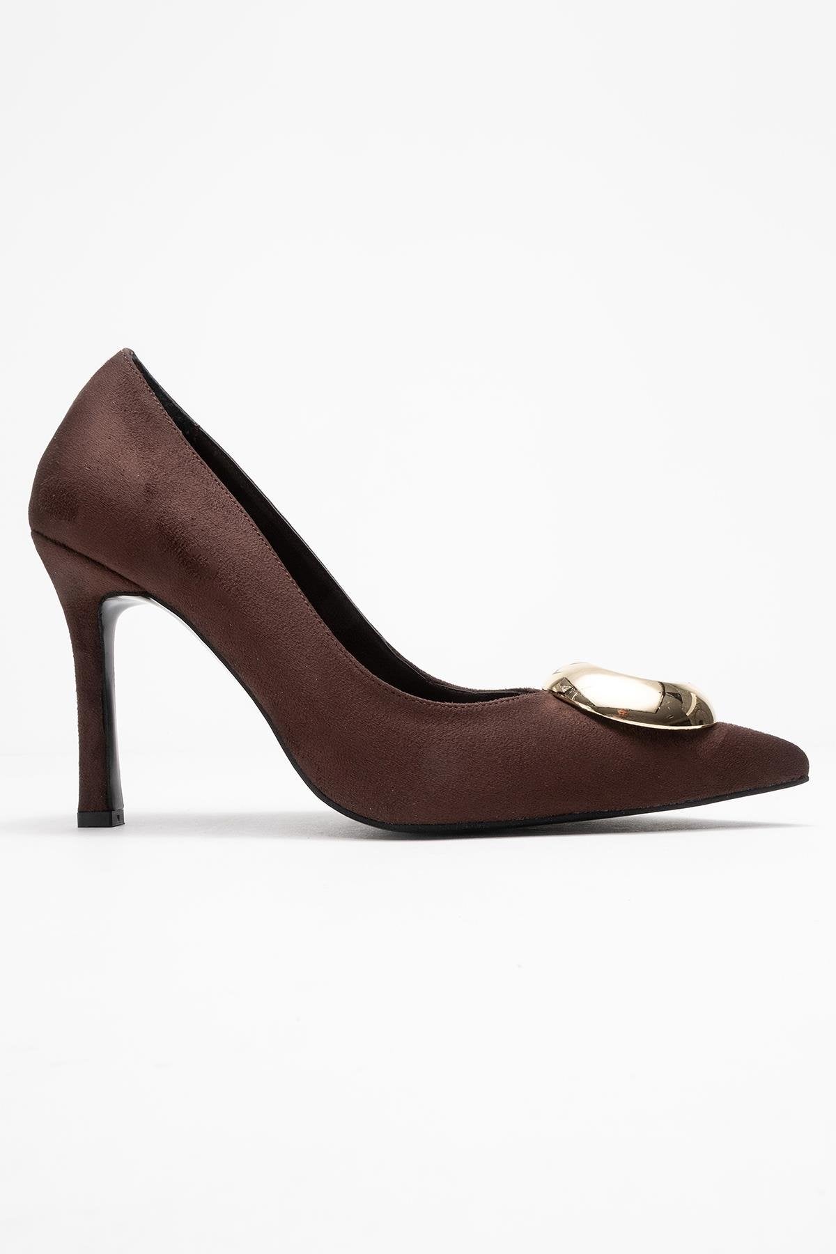 Jordana - Brown Suede Gold Buckle Stiletto Heeled Shoe – top view showing leather, suede, metallic, Vowalisse
