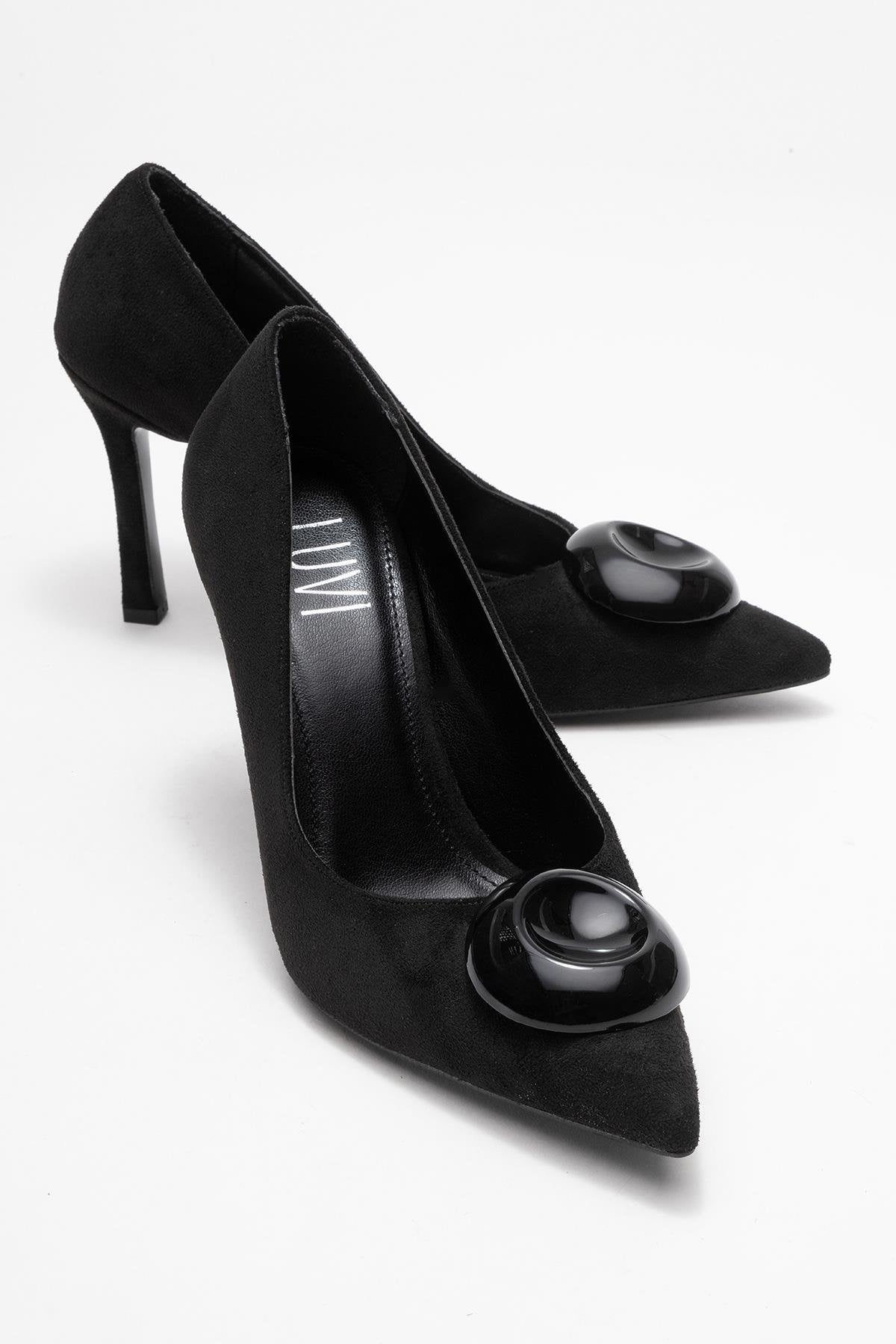 Jordana - Black Suede Buckle Stiletto Heeled Shoe – front three-quarter view showing leather, suede, black, Vowalisse