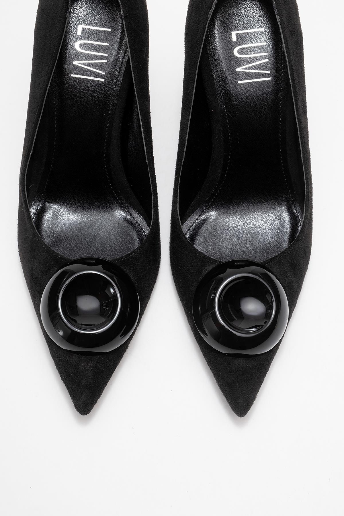 Jordana - Black Suede Buckle Stiletto Heeled Shoe – side view showing leather, suede, black, Vowalisse