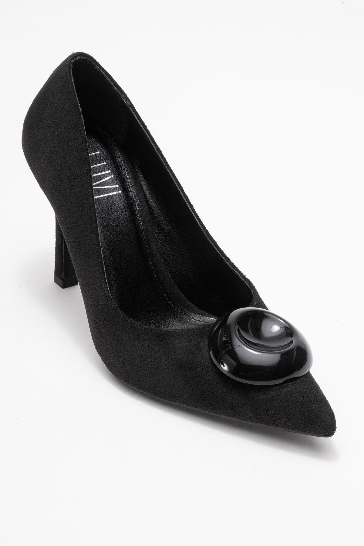 Jordana - Black Suede Buckle Stiletto Heeled Shoe – detail view showing leather, suede, black, Vowalisse