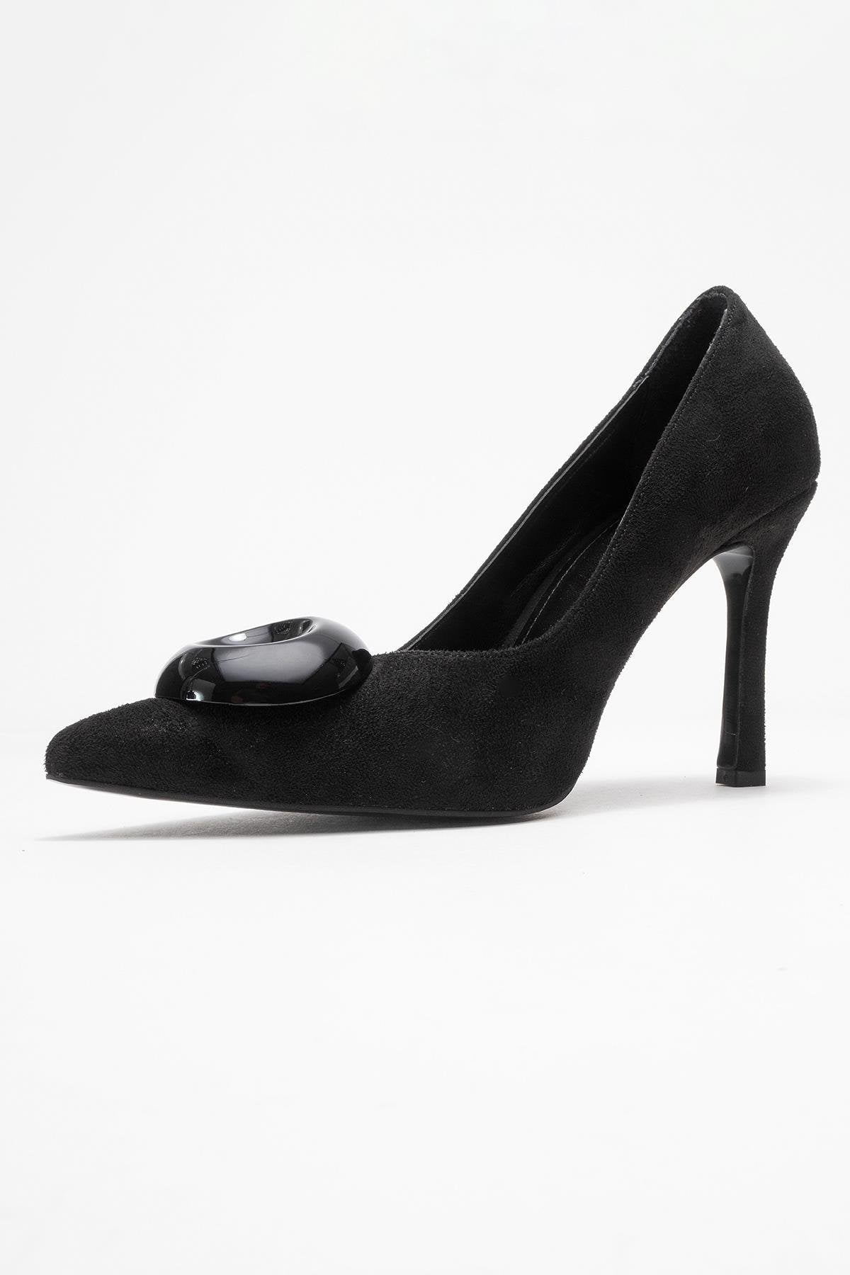 Jordana - Black Suede Buckle Stiletto Heeled Shoe – heel view showing leather, suede, black, Vowalisse