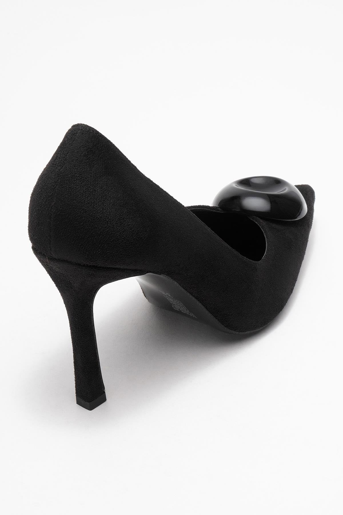 Jordana - Black Suede Buckle Stiletto Heeled Shoe – back view showing leather, suede, black, Vowalisse