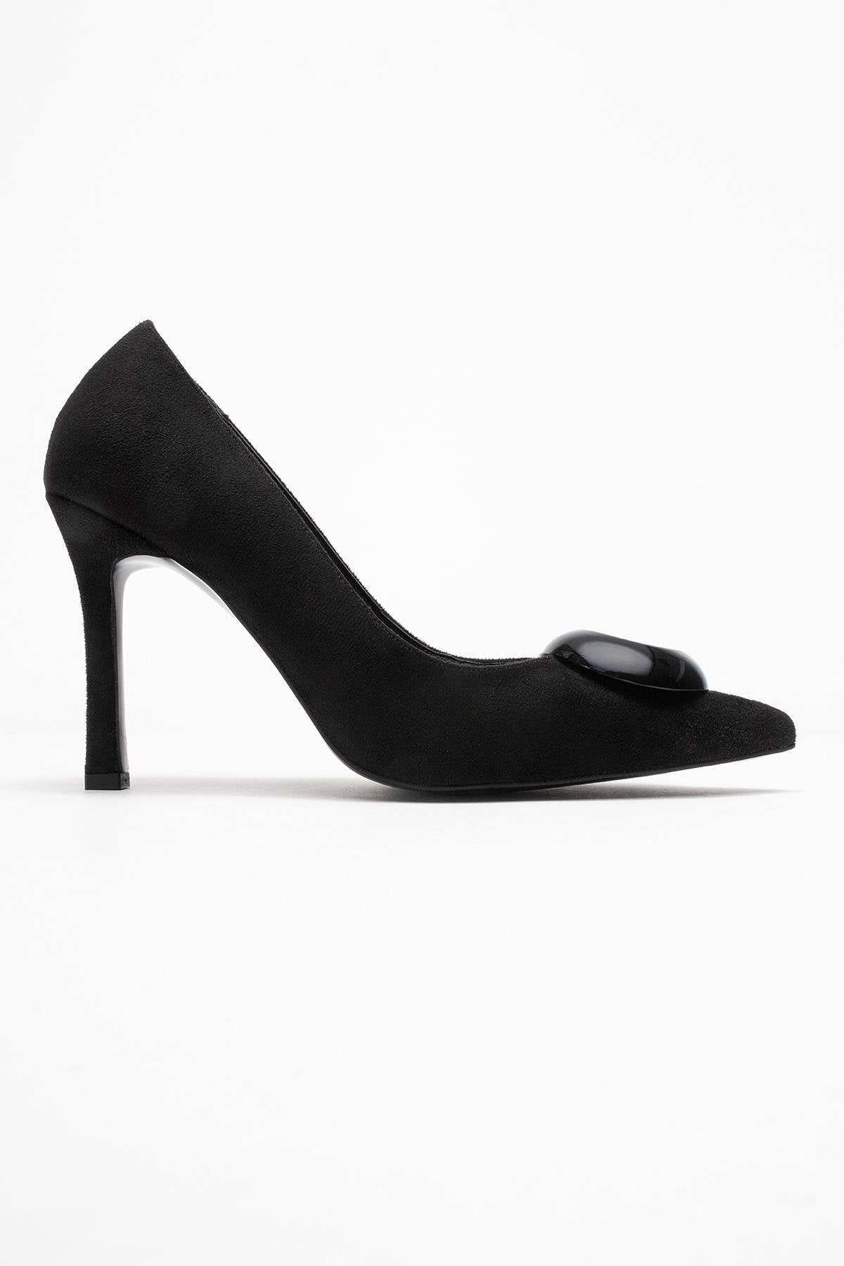 Jordana - Black Suede Buckle Stiletto Heeled Shoe – top view showing leather, suede, black, Vowalisse