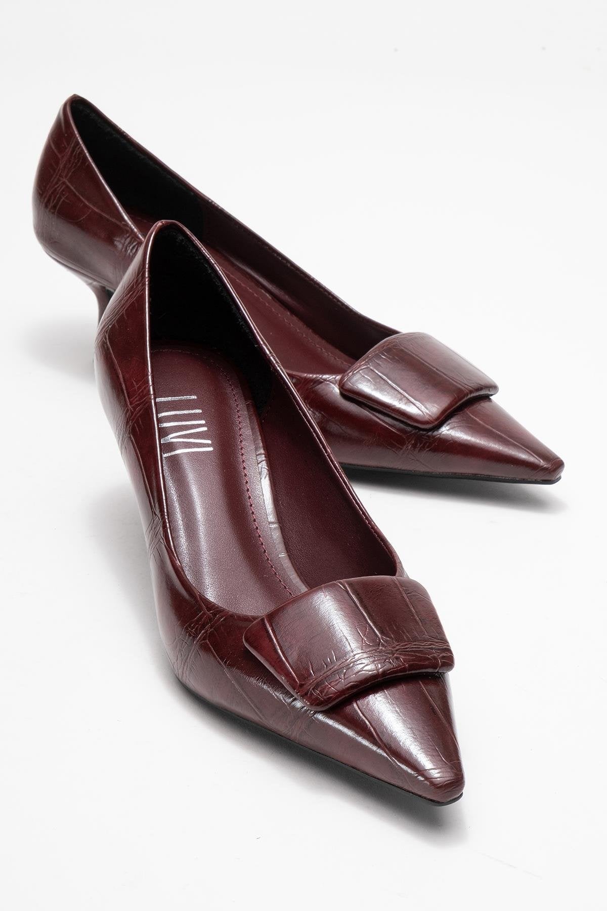 Marcia - Burgundy Printed Buckle Stiletto Heeled Shoe – front three-quarter view showing leather, Vowalisse