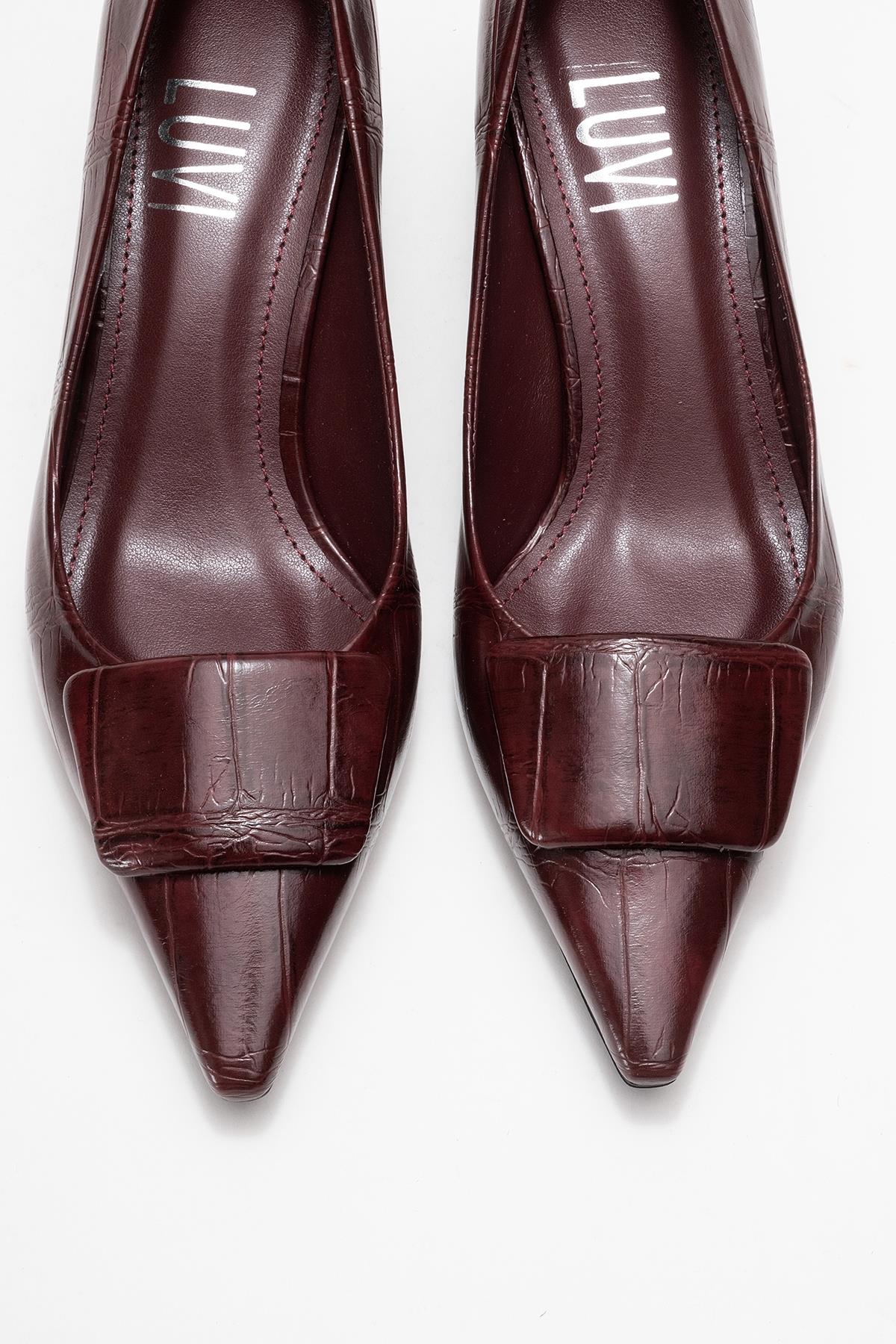 Marcia - Burgundy Printed Buckle Stiletto Heeled Shoe – side view showing leather, Vowalisse