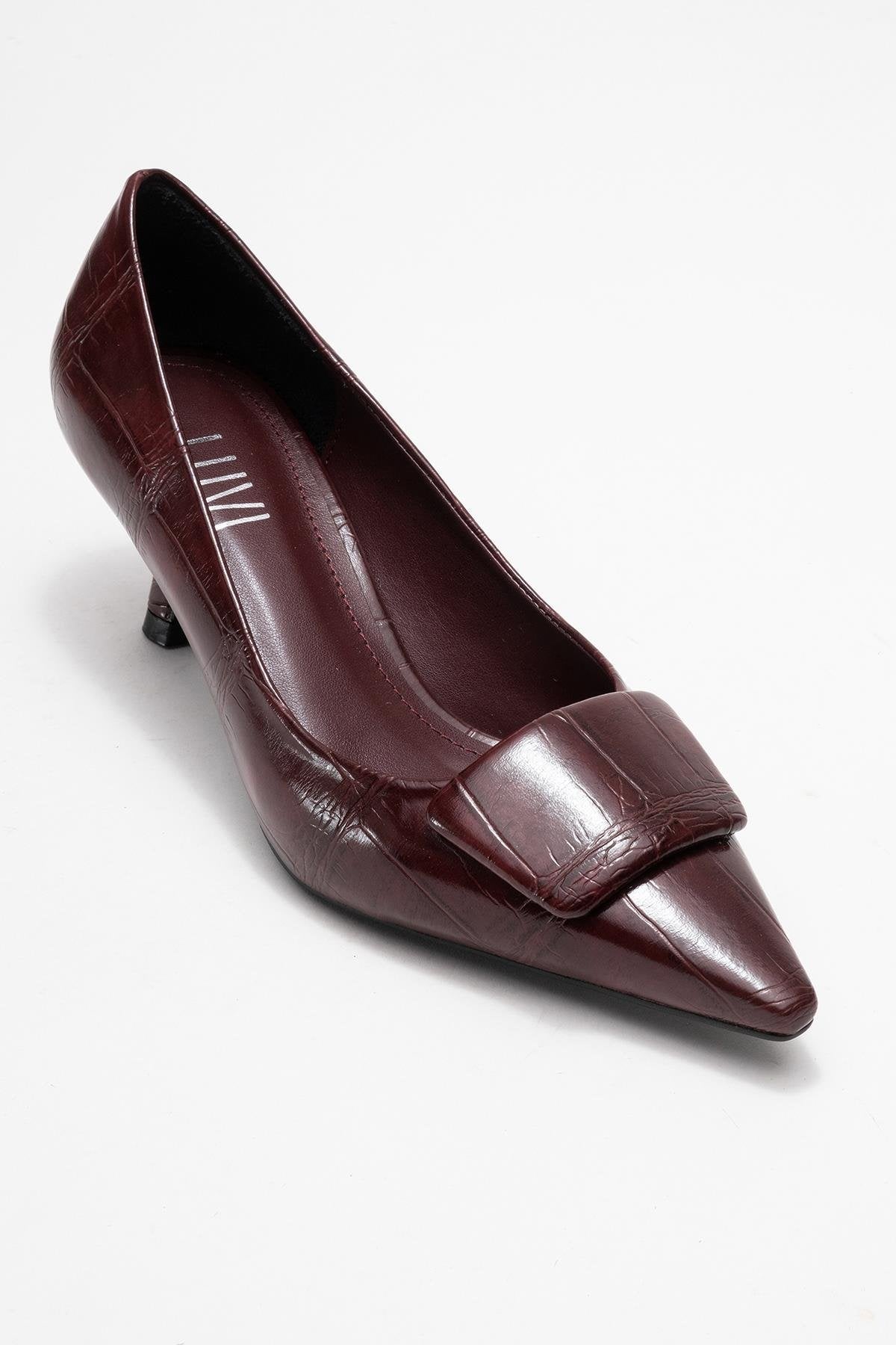Marcia - Burgundy Printed Buckle Stiletto Heeled Shoe – detail view showing leather, Vowalisse