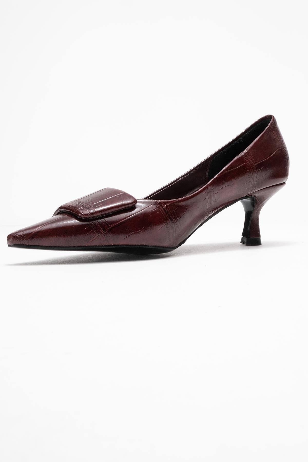 Marcia - Burgundy Printed Buckle Stiletto Heeled Shoe – heel view showing leather, Vowalisse