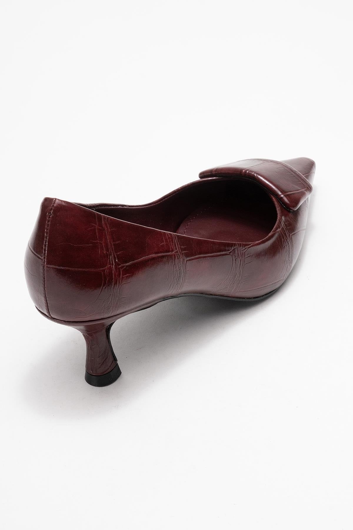 Marcia - Burgundy Printed Buckle Stiletto Heeled Shoe – back view showing leather, Vowalisse