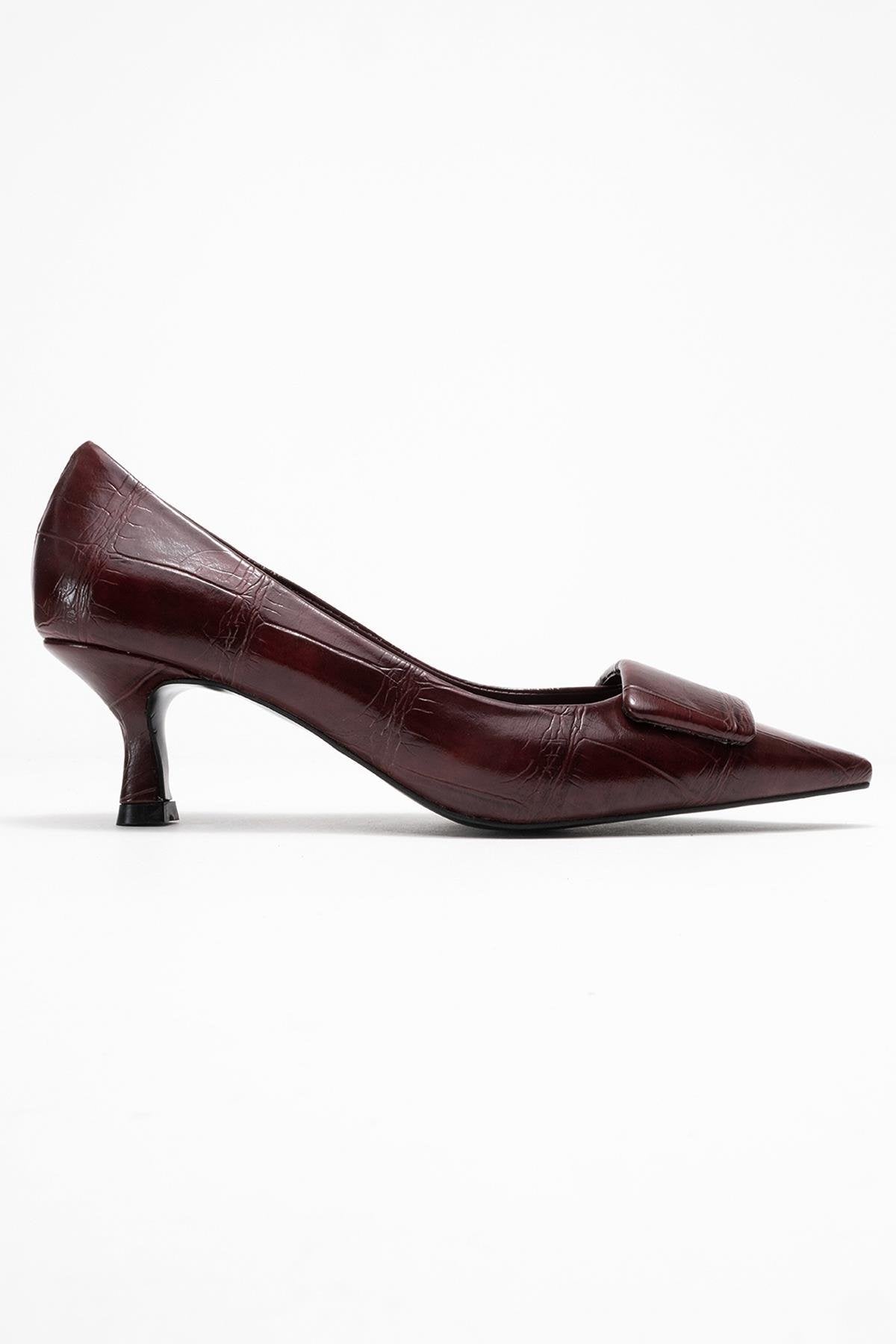Marcia - Burgundy Printed Buckle Stiletto Heeled Shoe – top view showing leather, Vowalisse