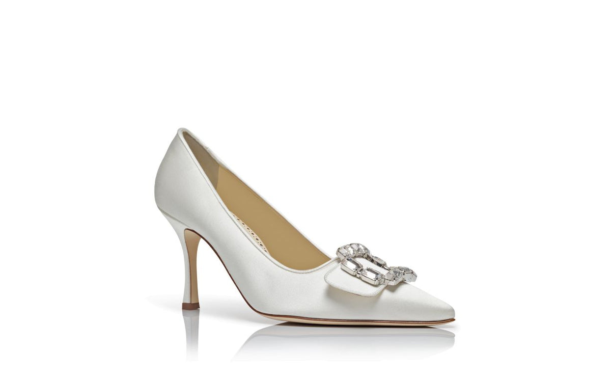 Clarisse Rose White Crystal Buckle Pumps – top view showing white crystal buckle, pointed toe, satin, Vowalisse