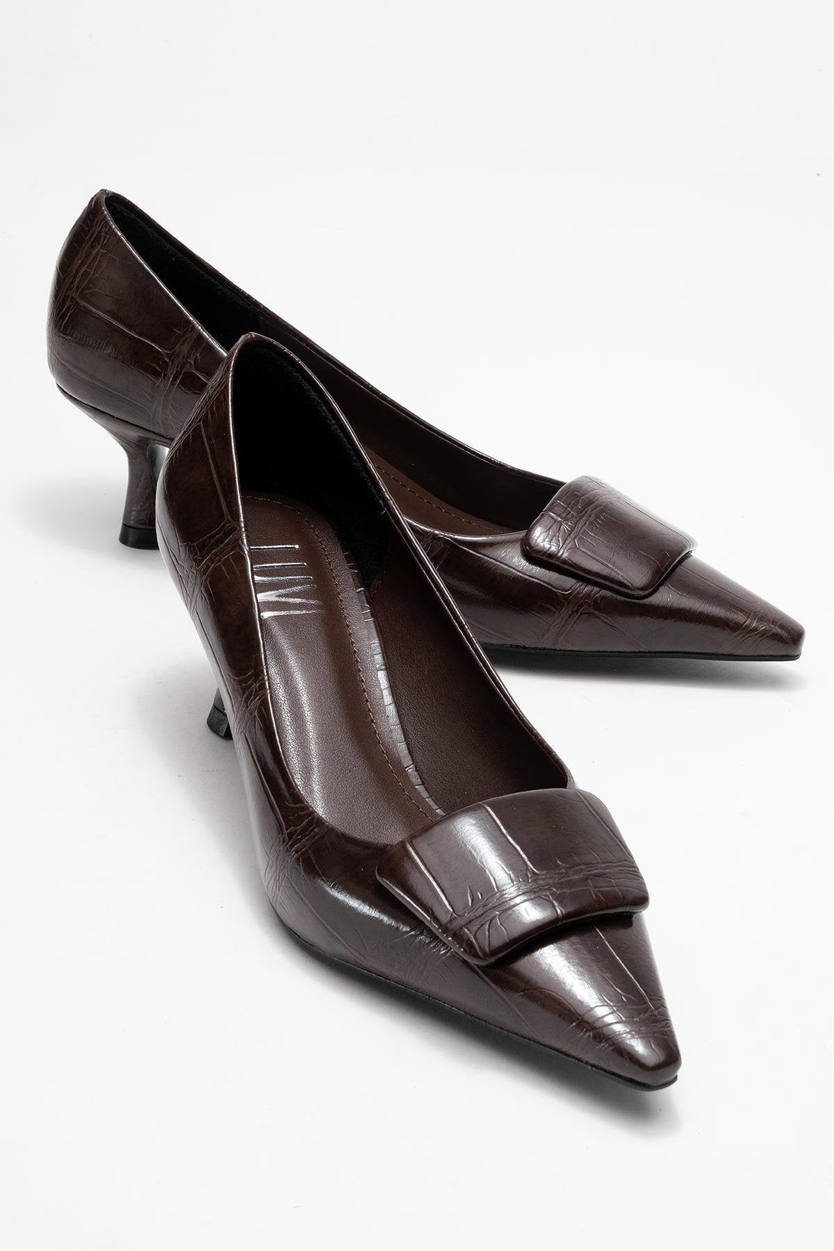 Marcia - Brown Embossed Buckle Stiletto Heel Shoe – front three-quarter view showing leather, red, Vowalisse