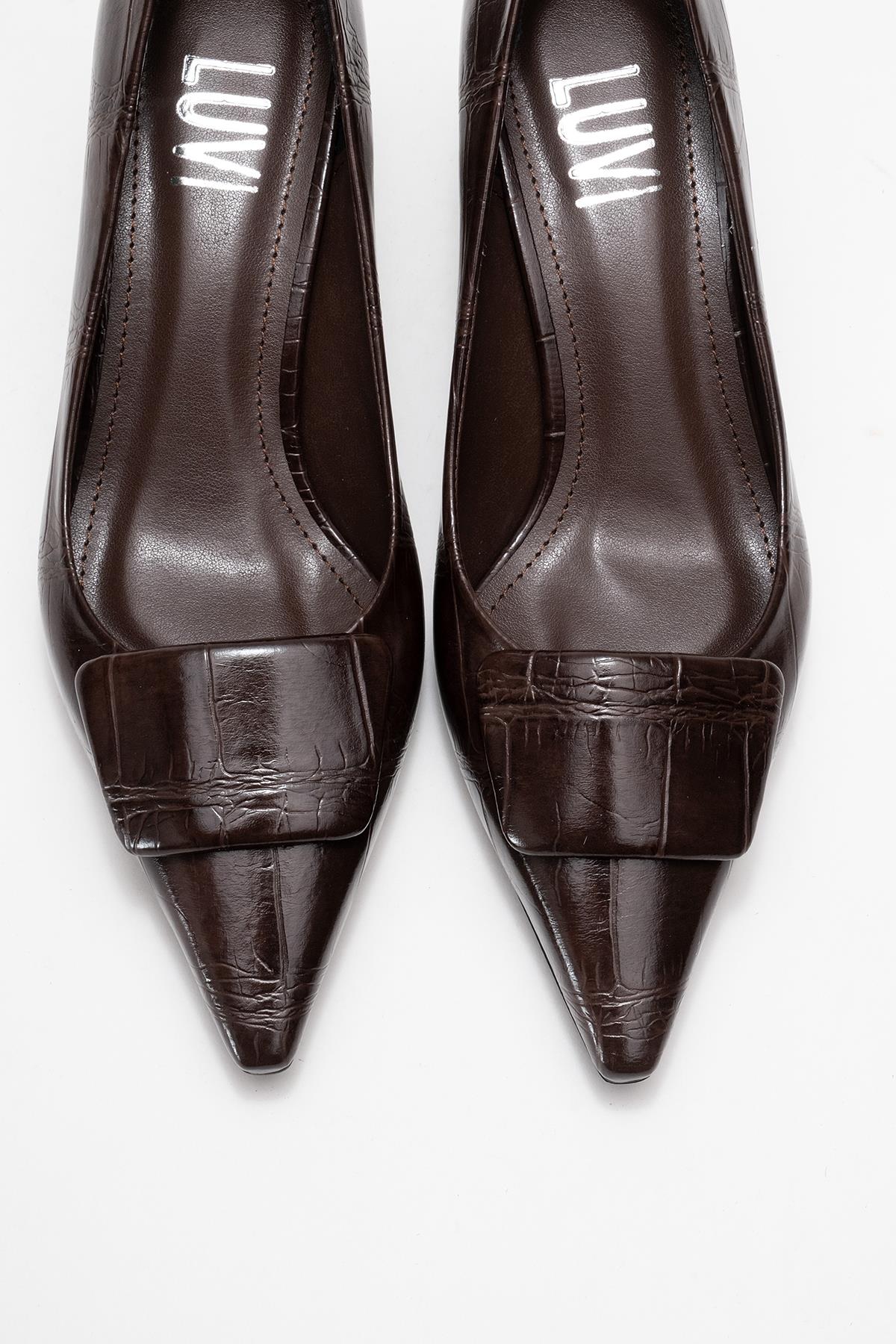 Marcia - Brown Embossed Buckle Stiletto Heel Shoe – side view showing leather, red, Vowalisse