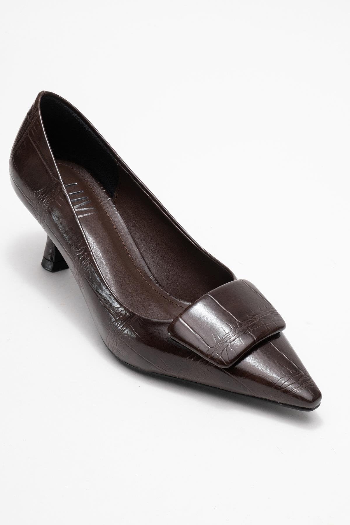 Marcia - Brown Embossed Buckle Stiletto Heel Shoe – detail view showing leather, red, Vowalisse