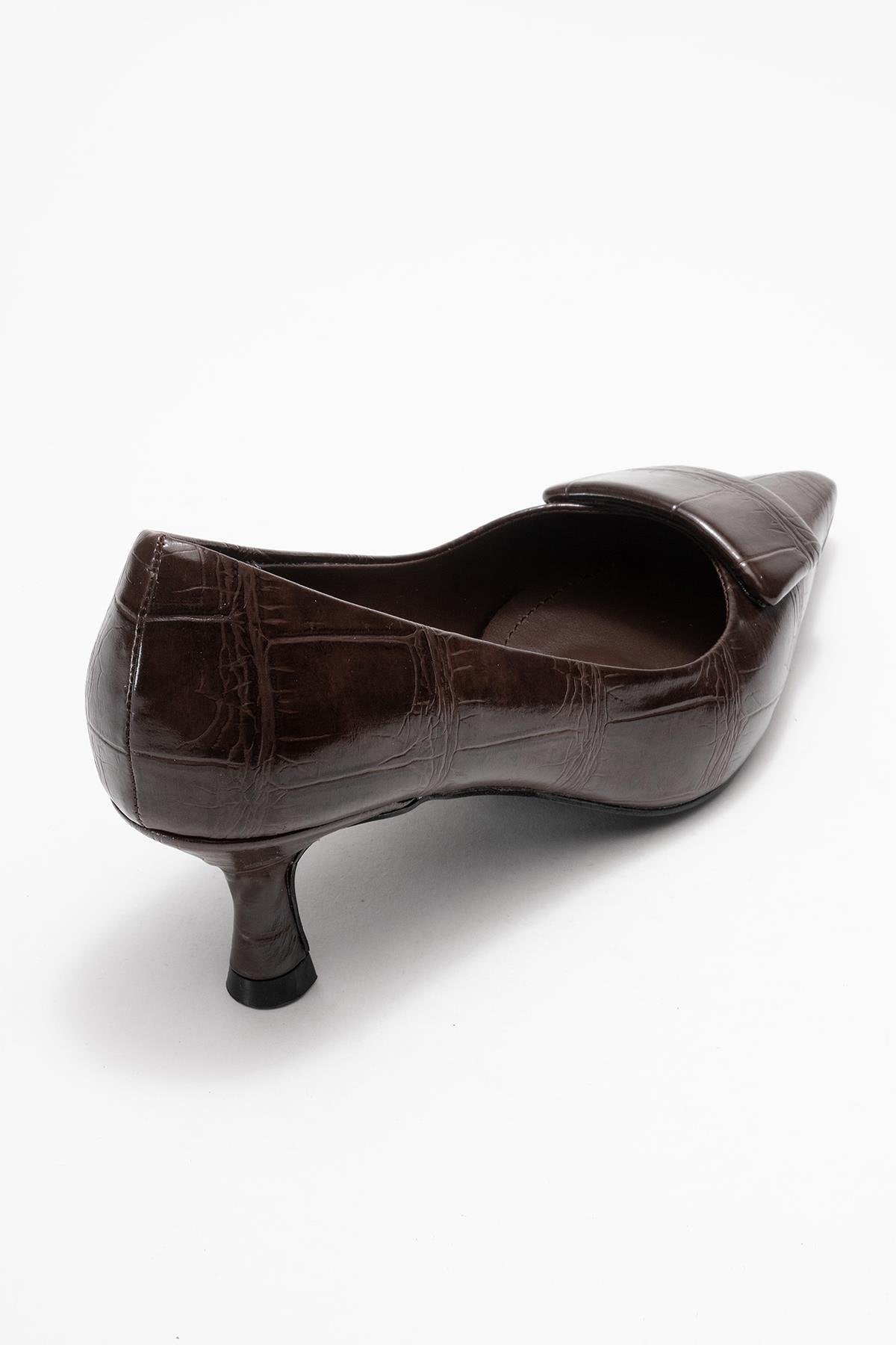 Marcia - Brown Embossed Buckle Stiletto Heel Shoe – back view showing leather, red, Vowalisse