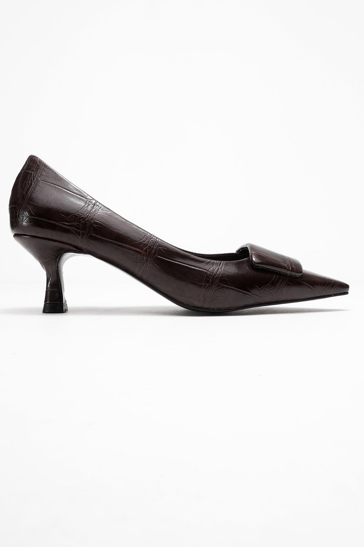 Marcia - Brown Embossed Buckle Stiletto Heel Shoe – top view showing leather, red, Vowalisse