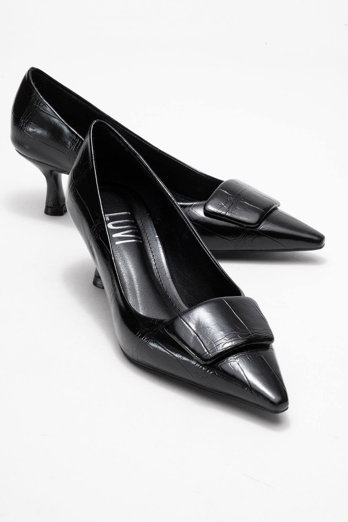 Marcia - Black Embossed Buckle Stiletto Heel Shoe – front three-quarter view showing leather, black, Vowalisse
