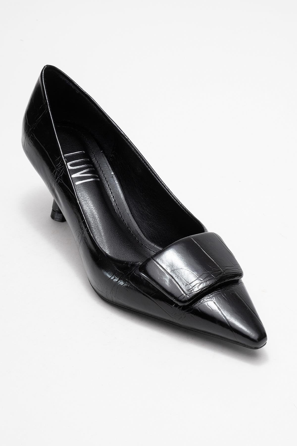 Marcia - Black Embossed Buckle Stiletto Heel Shoe – detail view showing leather, black, Vowalisse