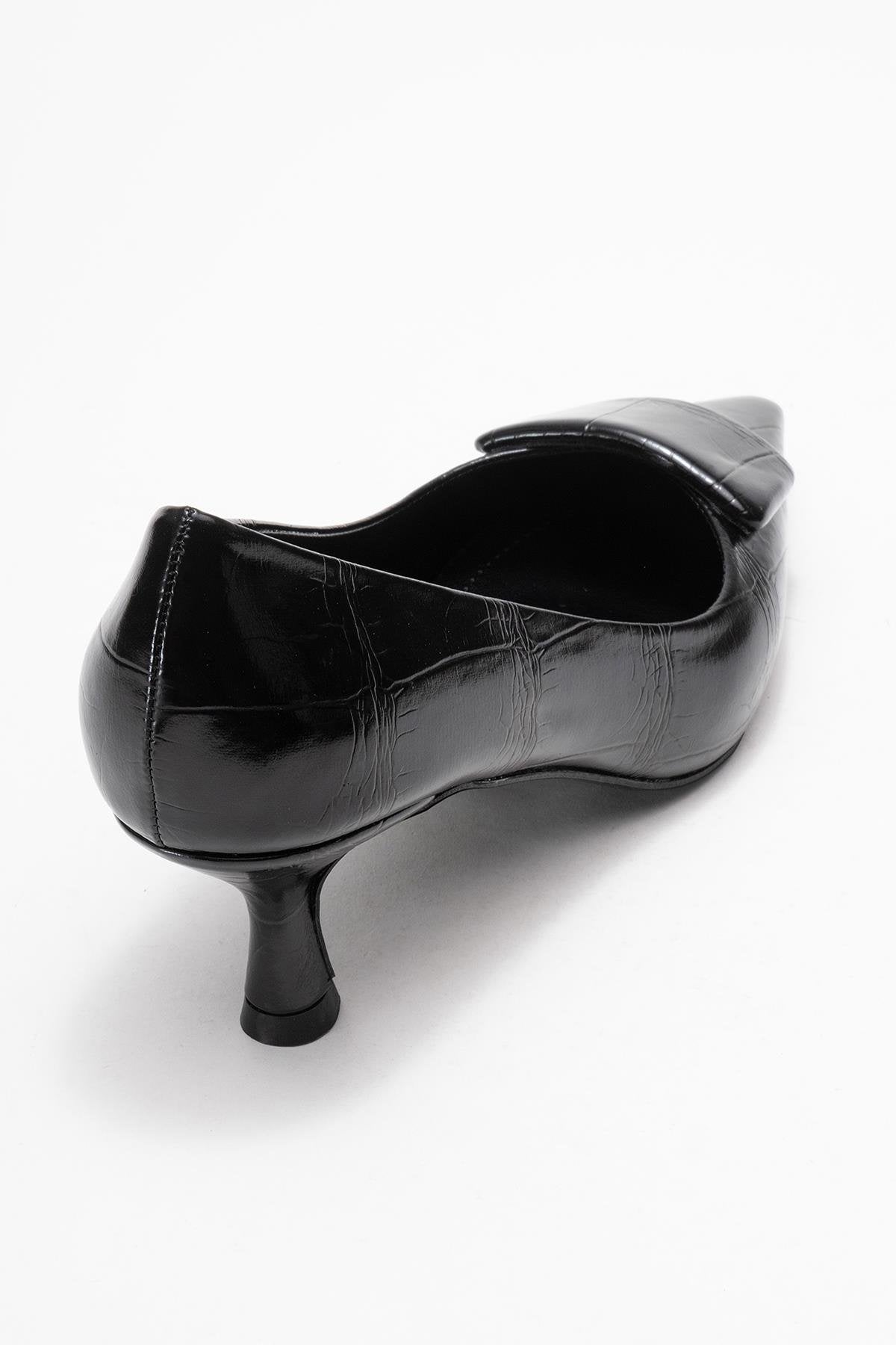 Marcia - Black Embossed Buckle Stiletto Heel Shoe – back view showing leather, black, Vowalisse