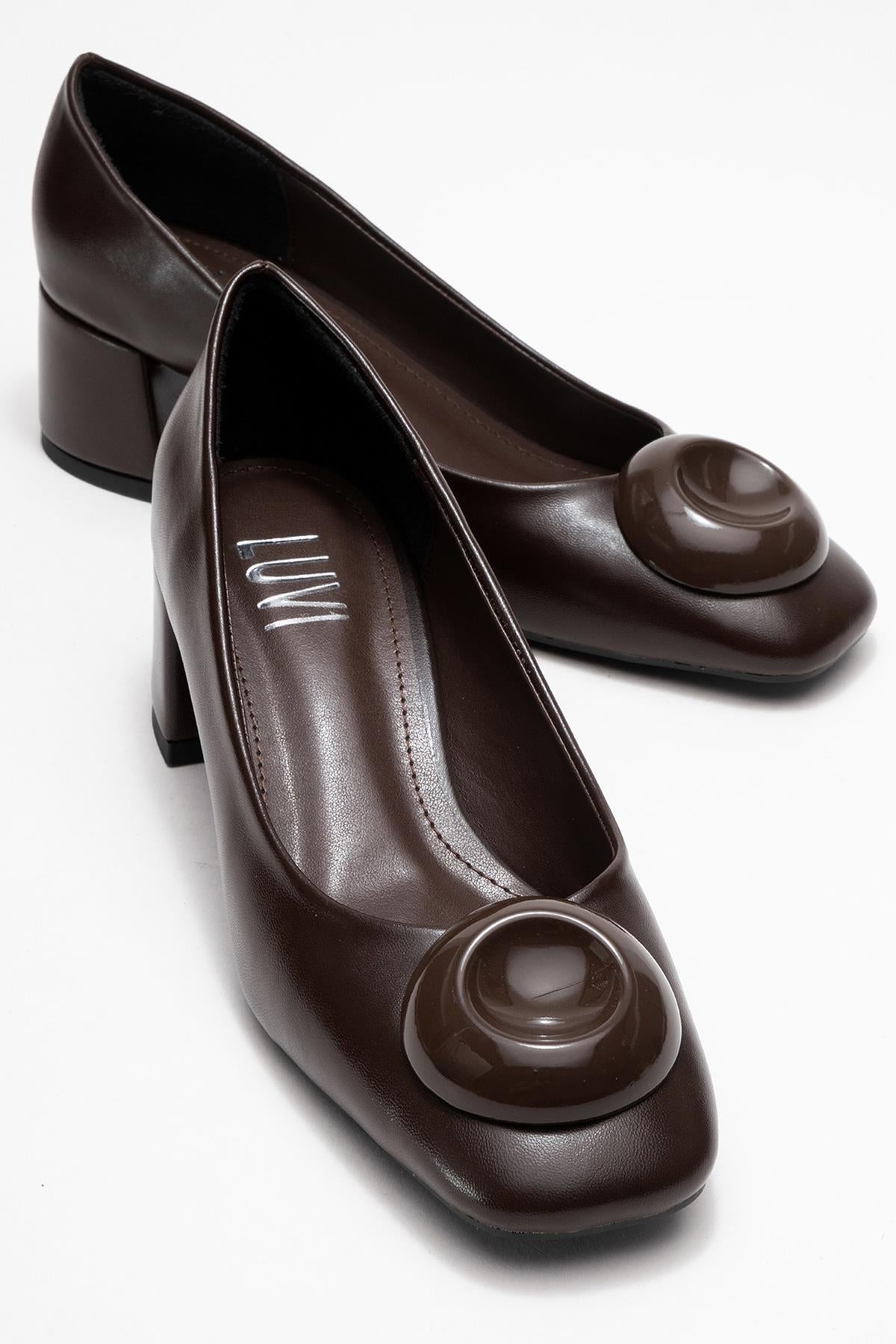 Mila - Brown Buckle Square Toe Block Heel Shoe – front three-quarter view showing leather, Vowalisse